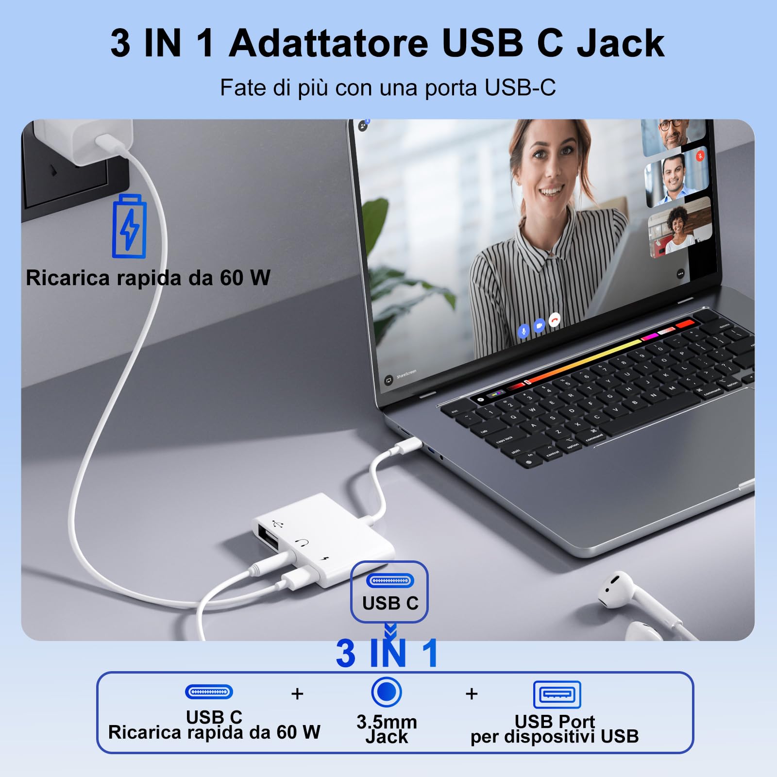 Adattatore USB C Jack 3.5 mm 60W OTG Splitter Audio Tipo C a Aux per iPhone 17/16/15 Samsung Galaxy S25 Ultra A56 S24 S23 iPad Pro Air Pixel