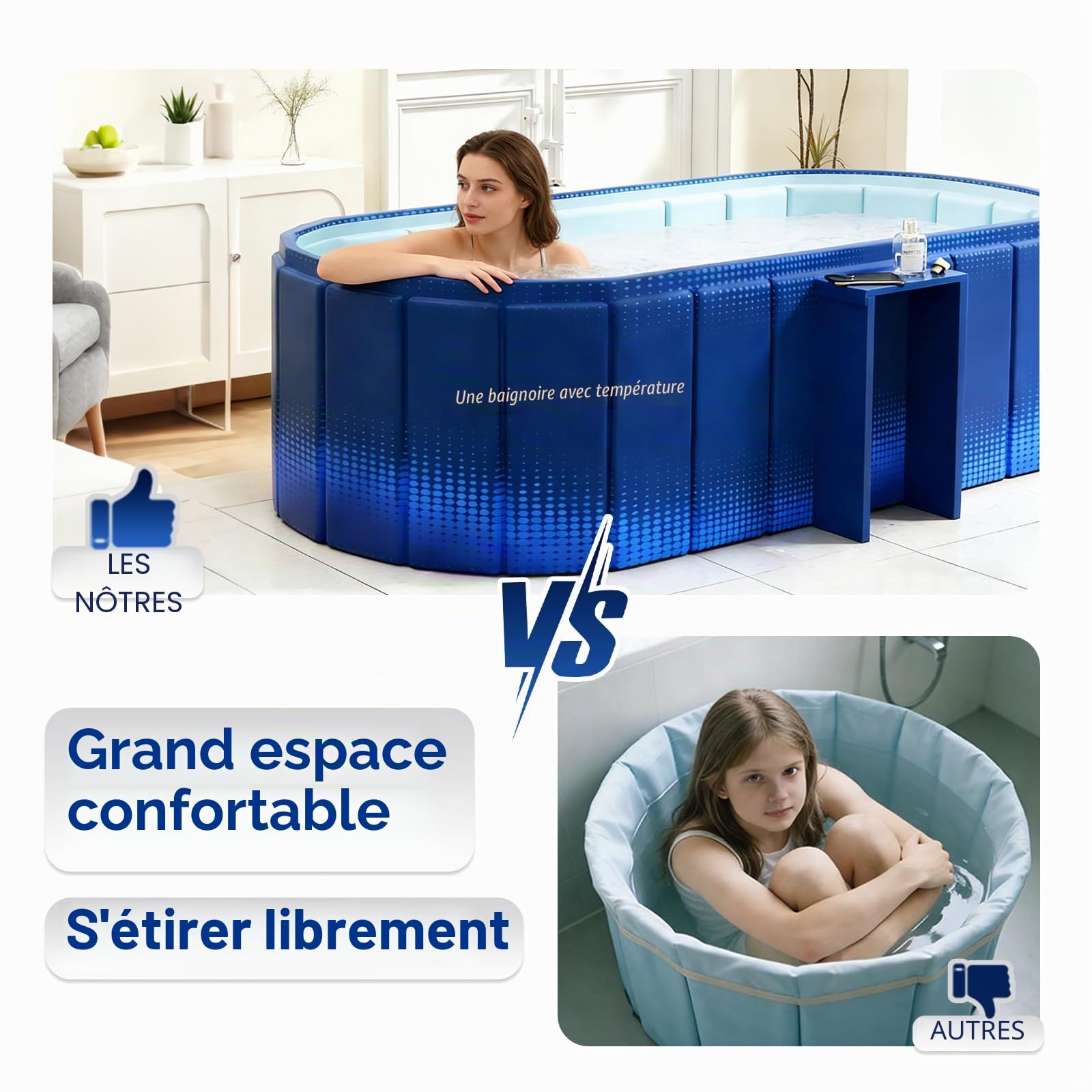 Baignoire portable de 150 cm avec étagère, pliable pour 2 personnes, sans gonflage, baignoire de trempage, bain glacé et spa chaud 2 en 1 pour douche, jardin et camping (bleu)