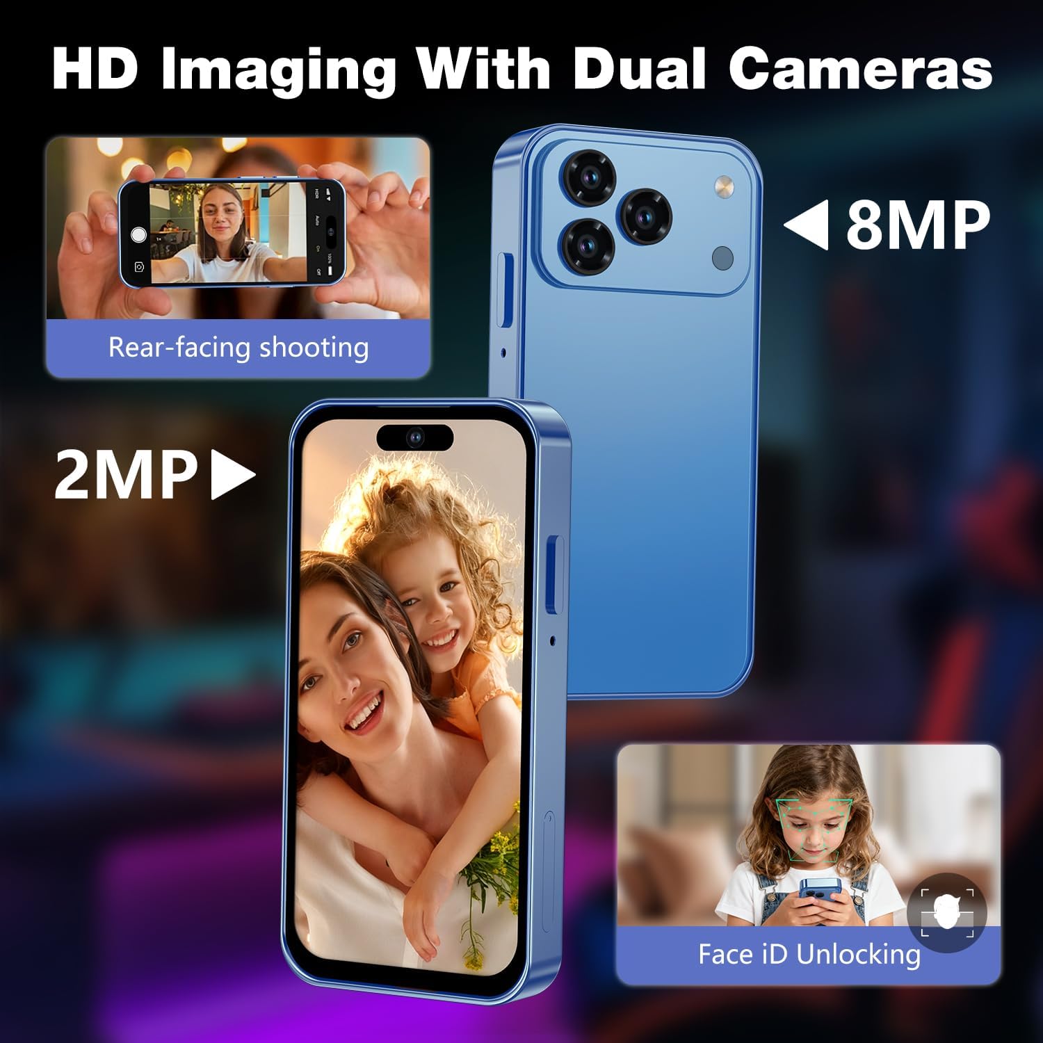 Mini Phone for Kids, Unlocked Kid Phone, 4.0 inch HD Touch Screen, 3GB+32GB, 4G, Dual SIM, Face ID, Android 10.0, GPS, Kids Smart Phone (Royal Blue)