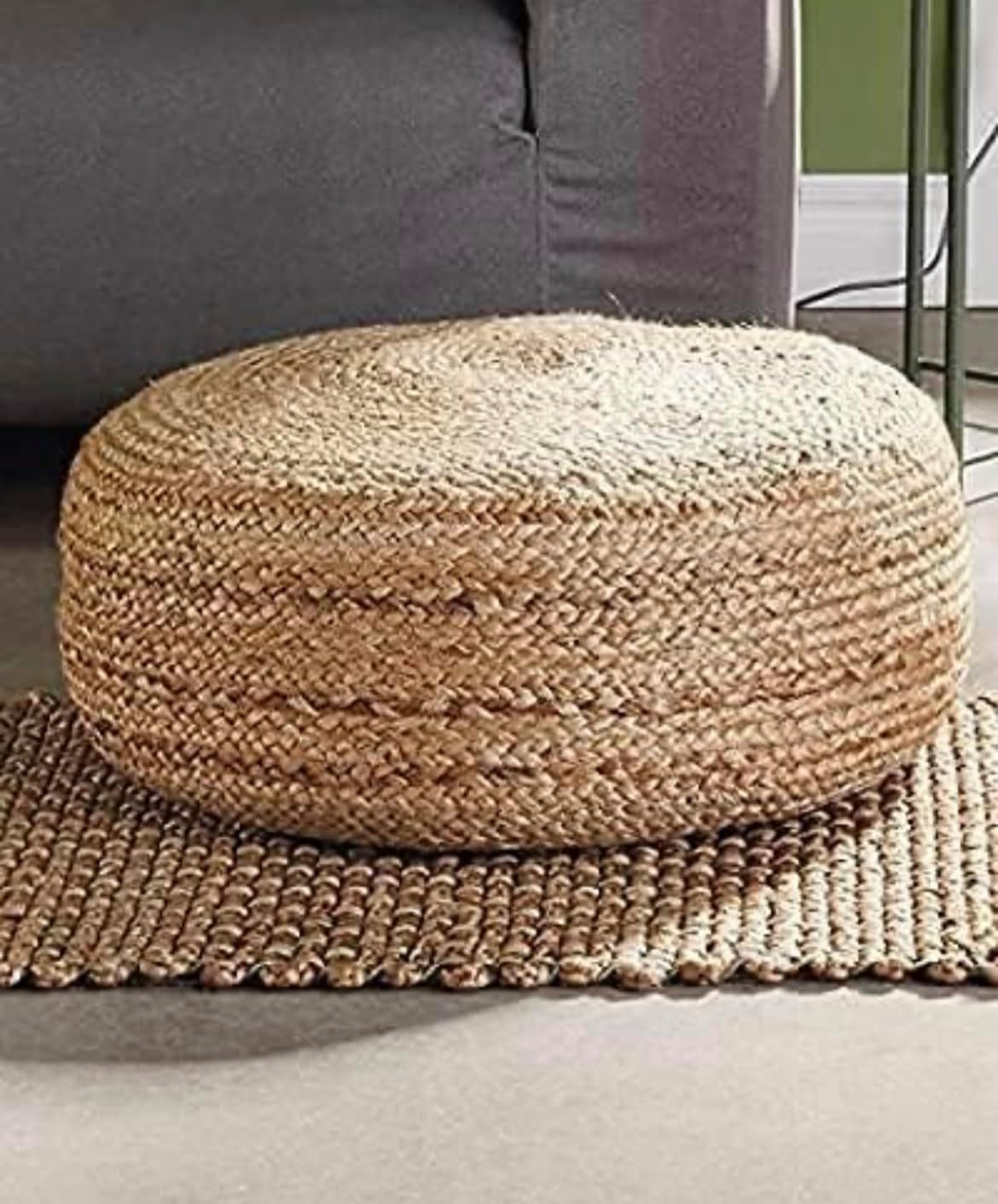 Jute Ottoman Pouf For Seating|Jute Ottoman For Footrest Filled With Bean Balls|Ottoman Pouf Stools For Living Roombedroom, 50X50X25 Cm, Beige