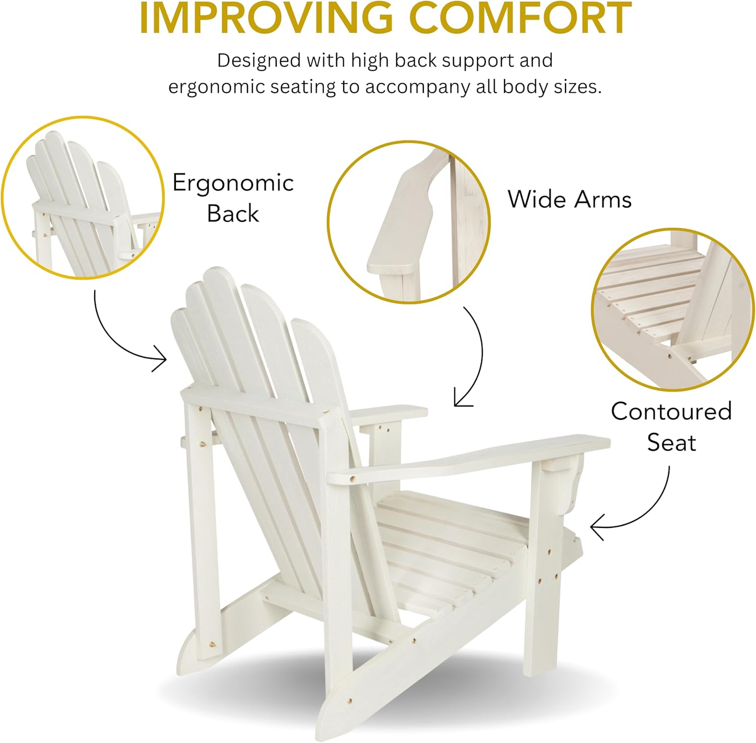 Shine Company Westport Wooden Adirondack Chair, Outdoor Patio Firepit Chairs, Back & Seat Pre-Assembled, Eggshell White