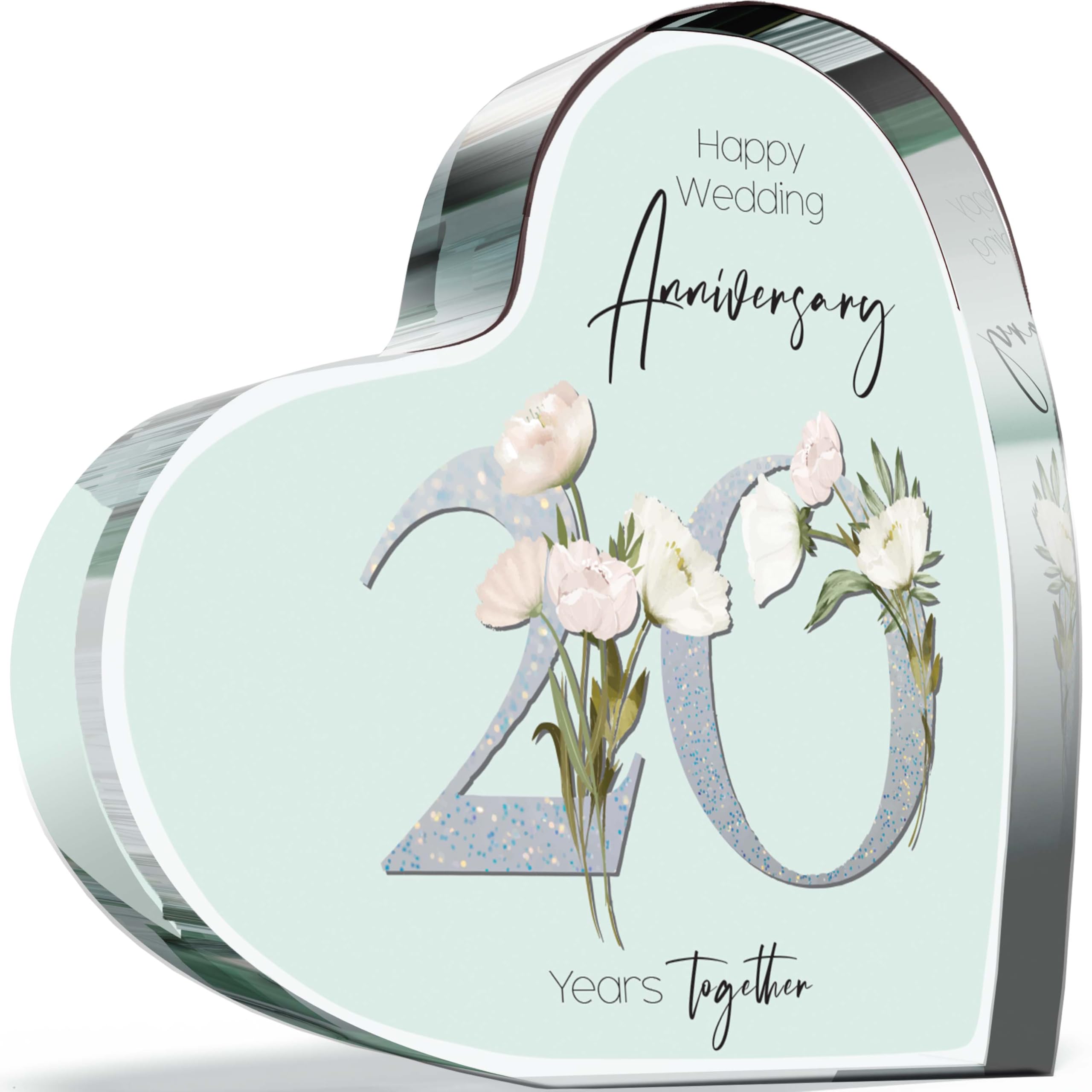 20th Anniversary Plaque Gifts for Wife Husband - 20 Years Together - I Love You Romantic Acrylic Heart Gift For Women Men, 100mm Floral Present For Couples Twentieth Anniversaries