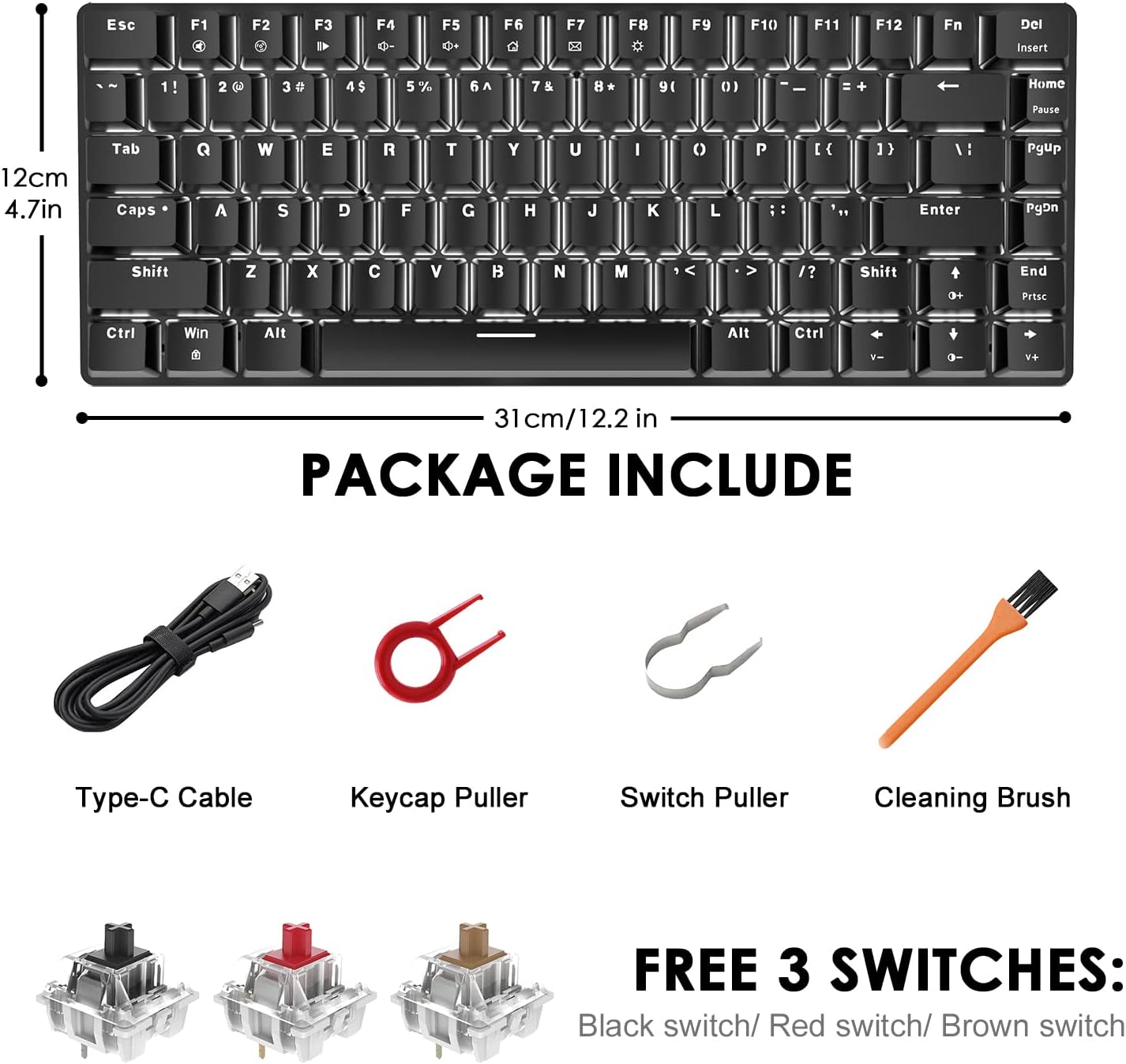 LexonElec Portable 80% Mechanical Gaming Keyboard,Hot-Swappable Compact 82 Keys,White Backlit,PBT Keycaps,Ergonomic Wired Office Keyboard for Windows Laptop PC Mac(Red Switch,Black)