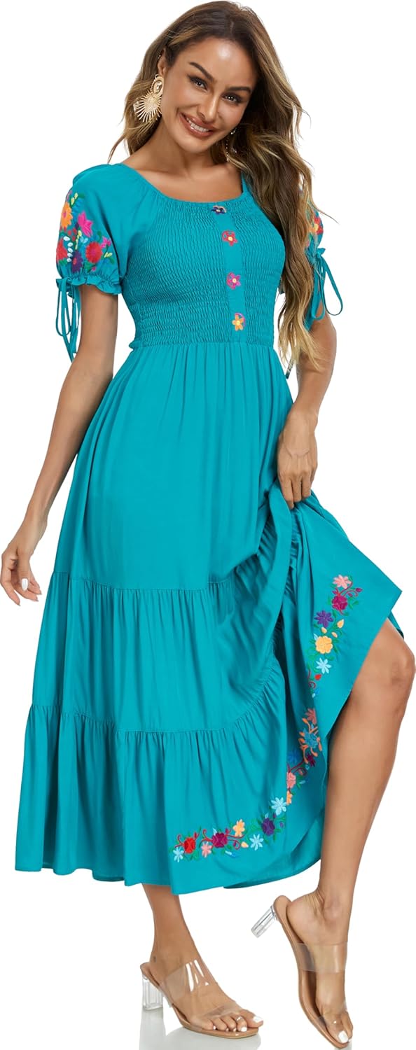 Women's Summer Maxi Dress Casual Floral Embroidered Round Neck Short Sleeve Ruffle Tiered Dress Flowy Boho Beach Sundress