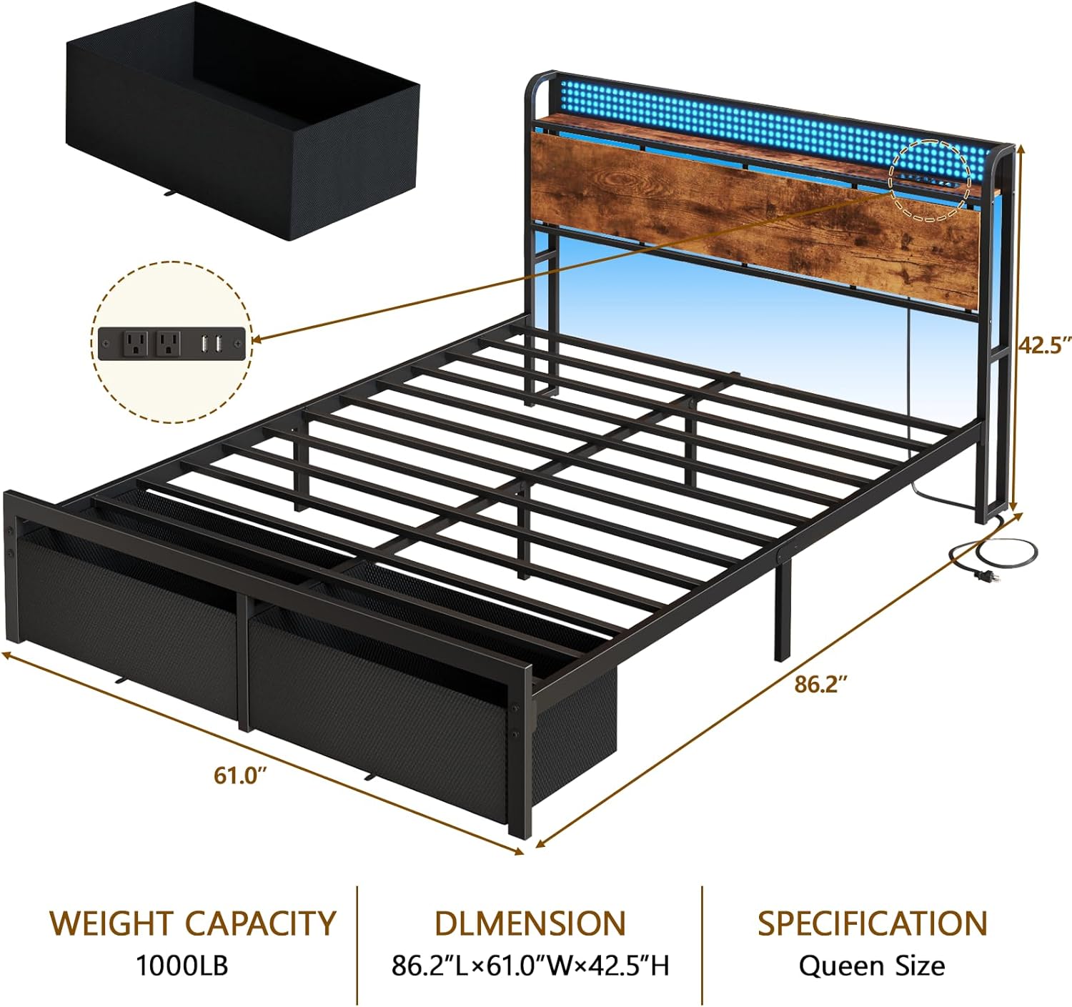 Furnulem Queen Size Bed Frame with Headboard Storage, Platform Bed Frame Queen Size with 2 Drawers, Charging Station and LED Lights, No Box Spring Needed, Noise Free, Easy Assembly (1000 lbs Capacity) - Image 2