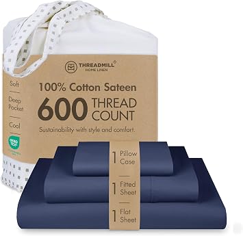 Threadmill 100% Cotton Sheets for Twin Size Bed - 600 Thread Count Twin Bed Sheets Set with 15 Deep Pocket - Sateen Weave 3-Piece Bedding Set with Cooling Effect, Folkstone Blue