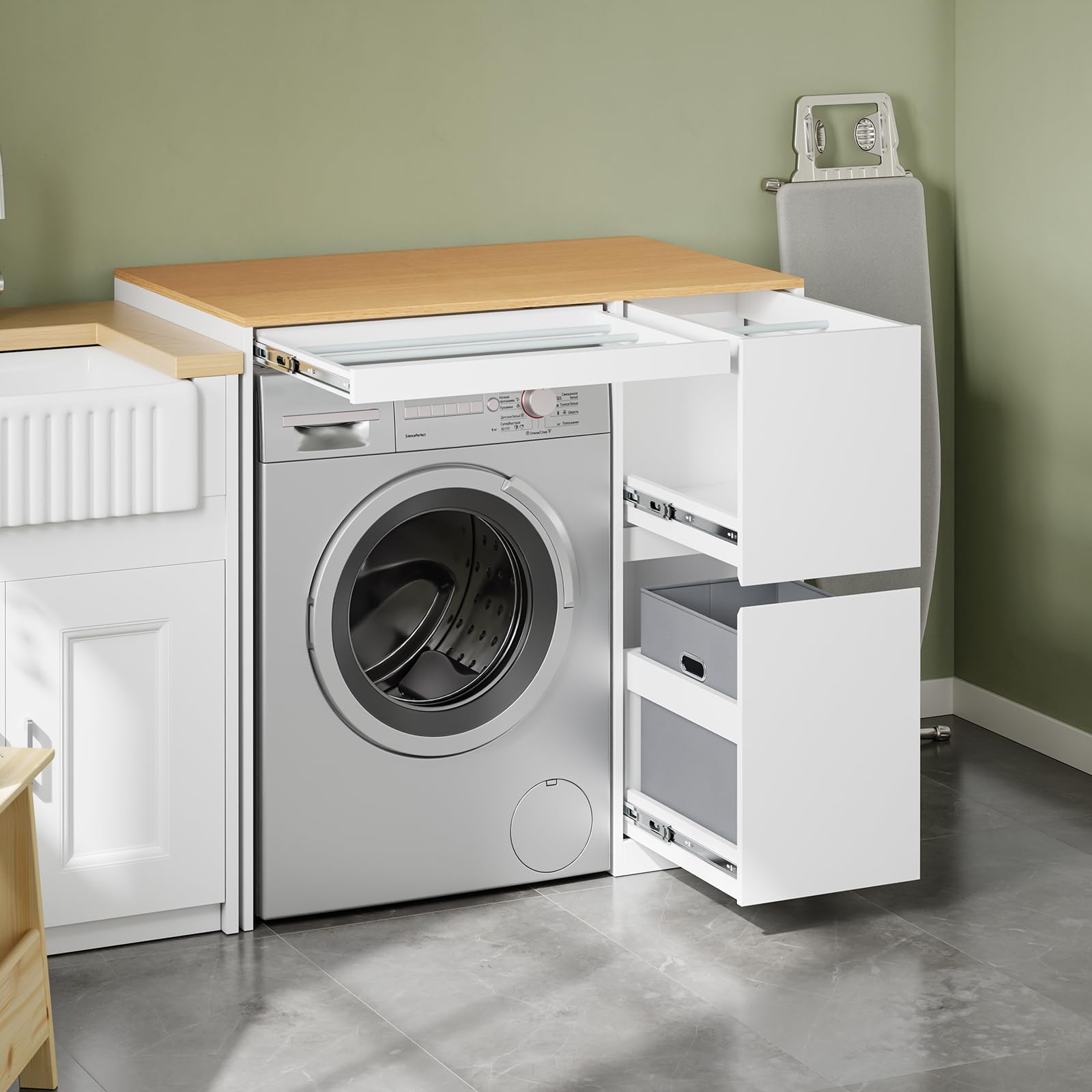 SoBuy Mueble Lavadora con Cesto para Ropa 100x60x95 cm Lavandería y Baño | Mueble sobre Lavadora, Estantería con Tendedero Extraíble, Armario Blanco y Madera BZR223-WN