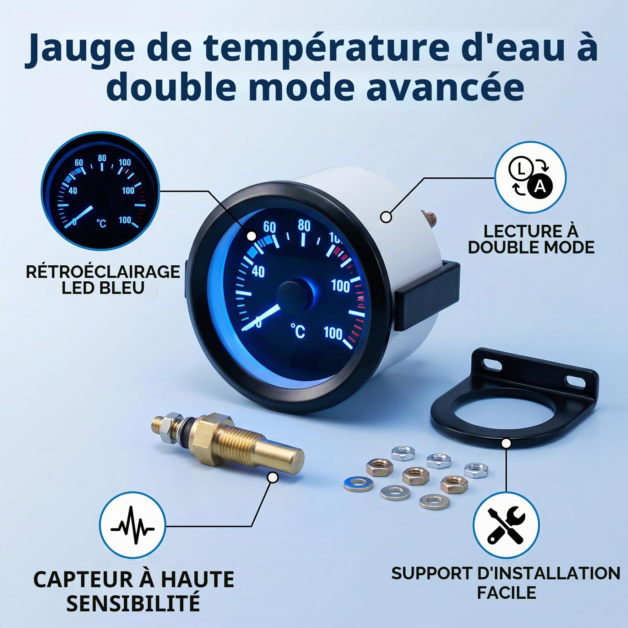 Jauge de Température de L'eau Numérique LED pour Voiture, 52mm 2 Pouces, Instrument de Tableau de Bord