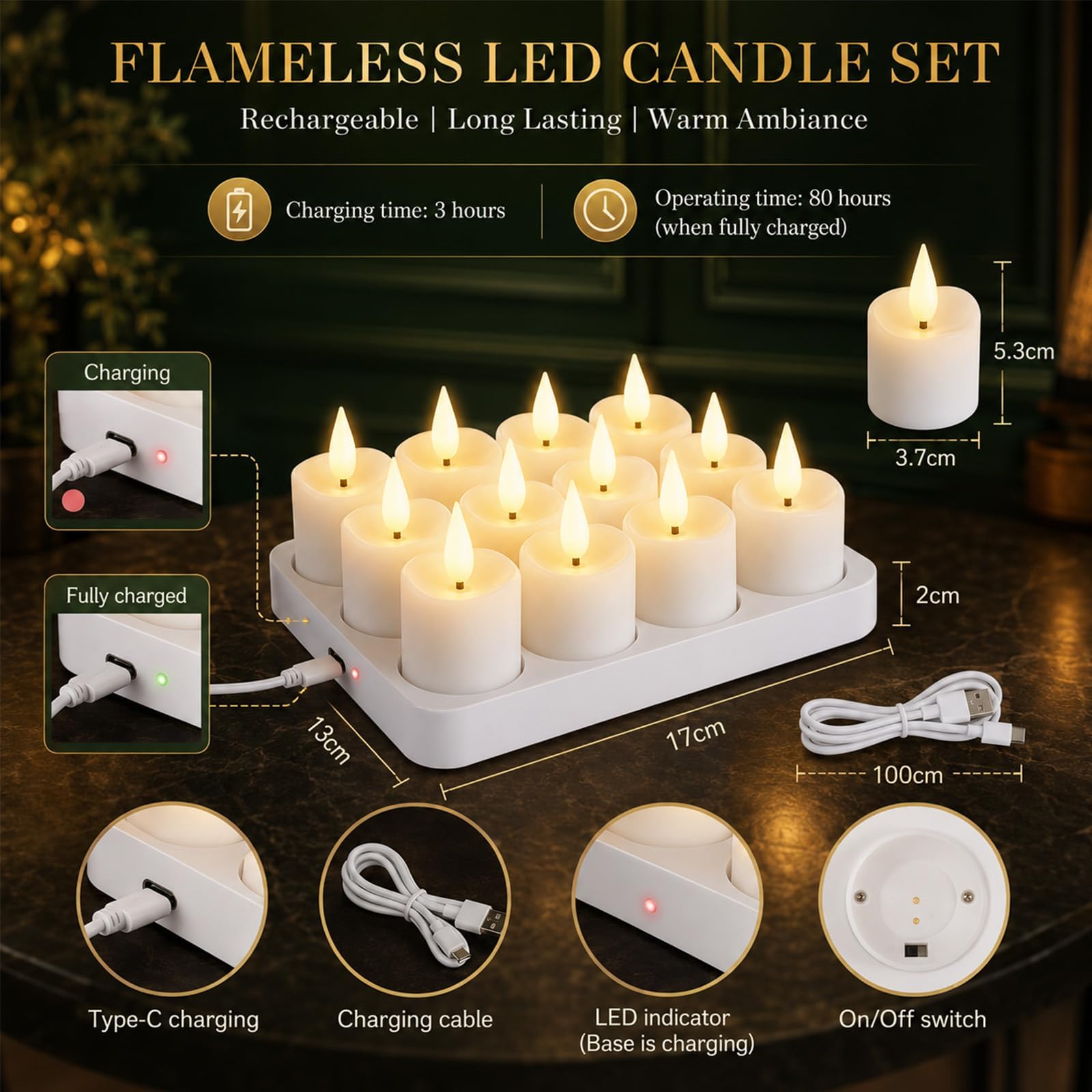 Candele da tè a LED, ricaricabili, con fiamma tremolante, con funzione timer, telecomando e stazione di ricarica, colore bianco, per Halloween, Natale, feste, 12 pezzi