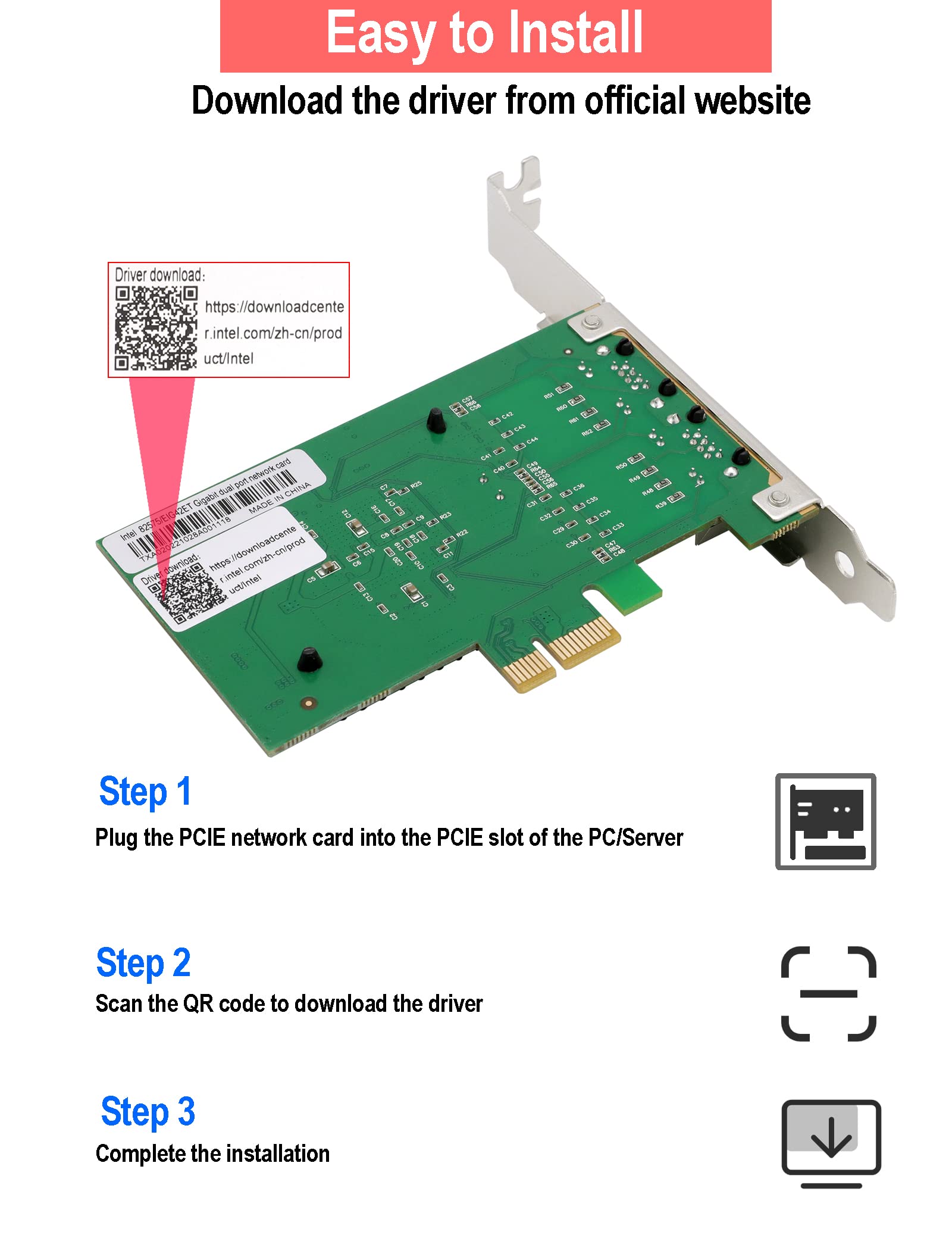 Gigabit Pcie Carte Réseau Intel 82576 - E1G42Et Chip, 1Gb Carte Réseau