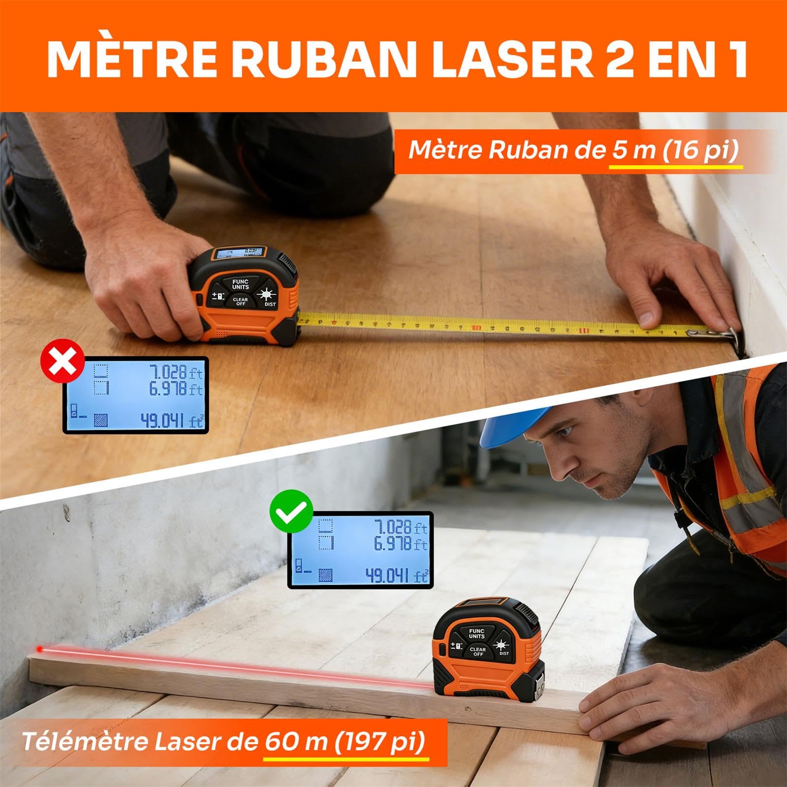 Telemetre Laser 2 en 1, Rechargeable Télémètre Laser 60m & Mètre Ruban 5m, Outil de Mesur avec Crochet Magnétique Mobile - Pythagore, Aire, Volume, Unité à Changement pour Décoration