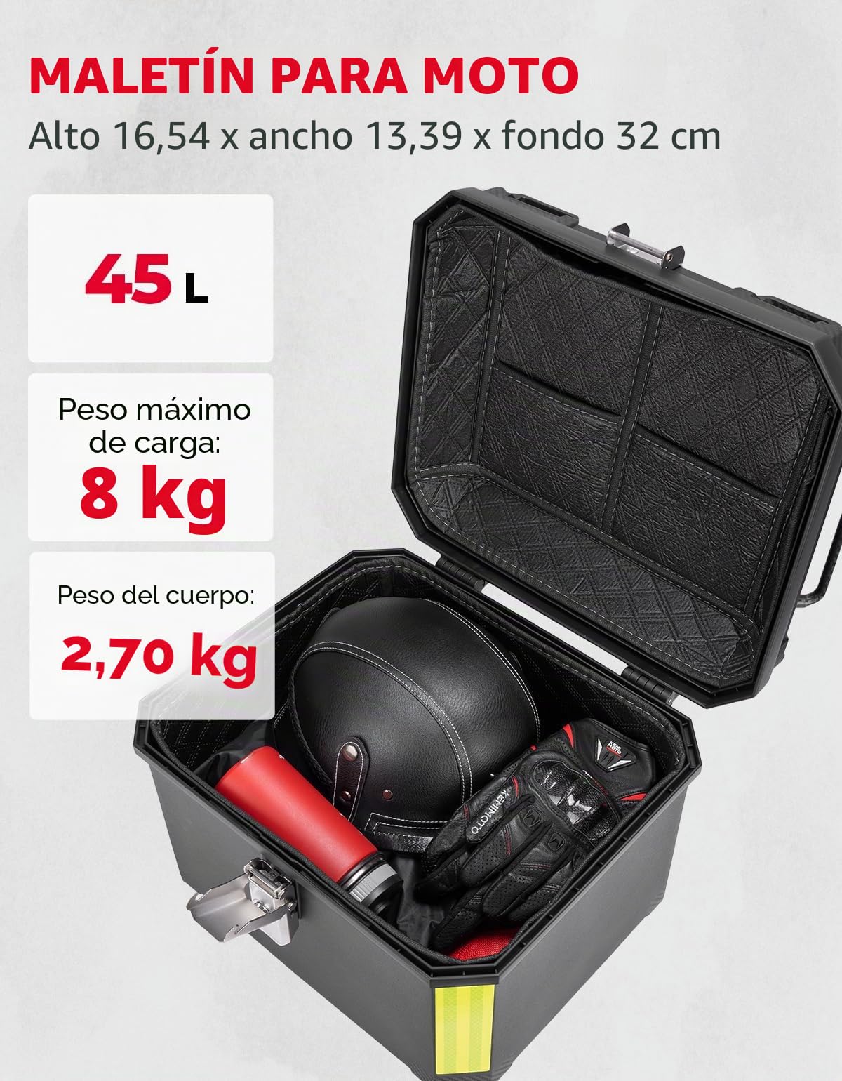 KEMIMOTO Maleta superior para motocicleta de 45L, Maleta universal para motocicleta para todas las motocicletas, Maleta trasera impermeable y desmontable para motocicleta con cerradura y respaldo