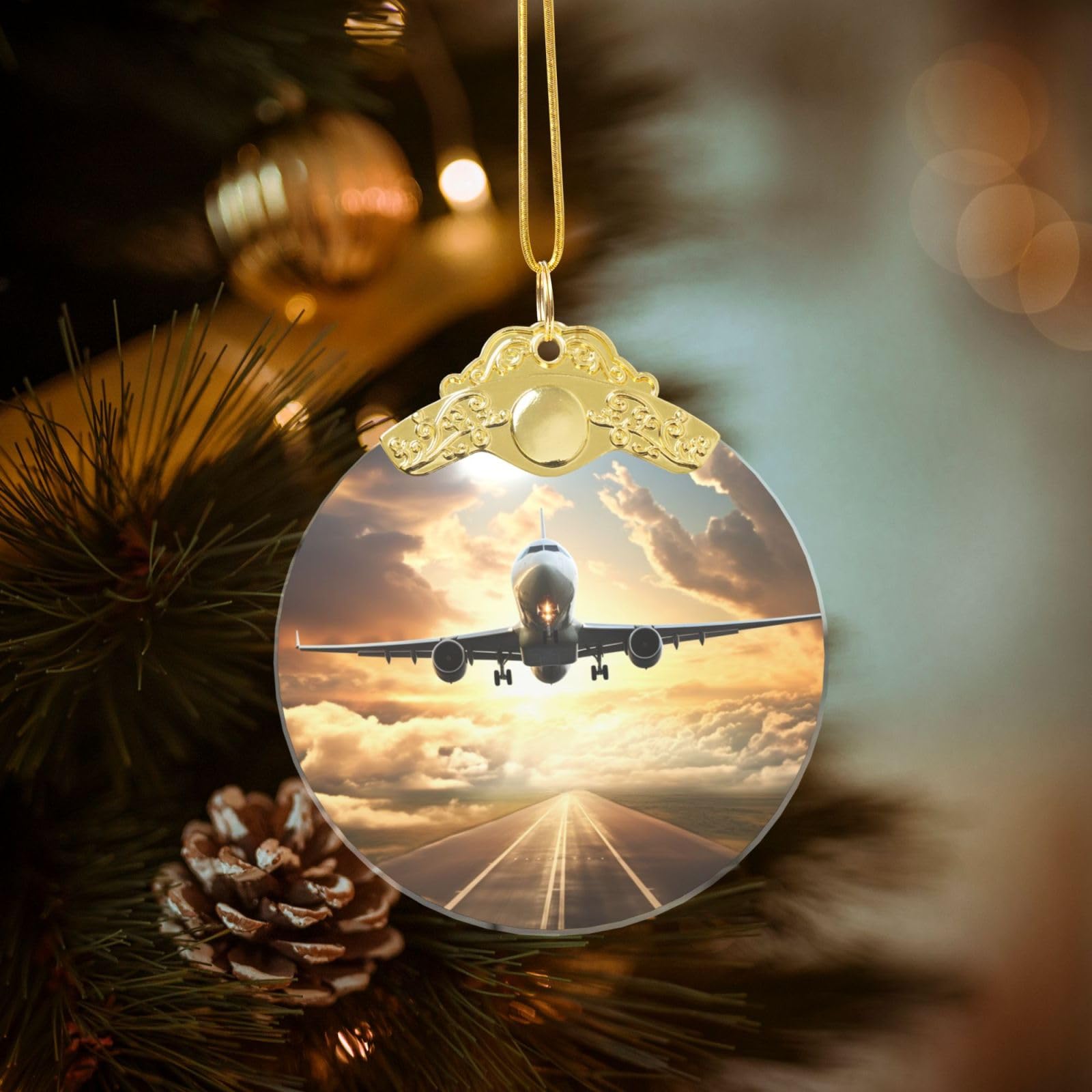 Crystal Christmas Ornaments for Christmas Tree Decoration Hanging Airplane Ornament with Gold Ribbon Crafts Round Pendant for Keepsake Gifts Glass Xmas Decor Party Supplies