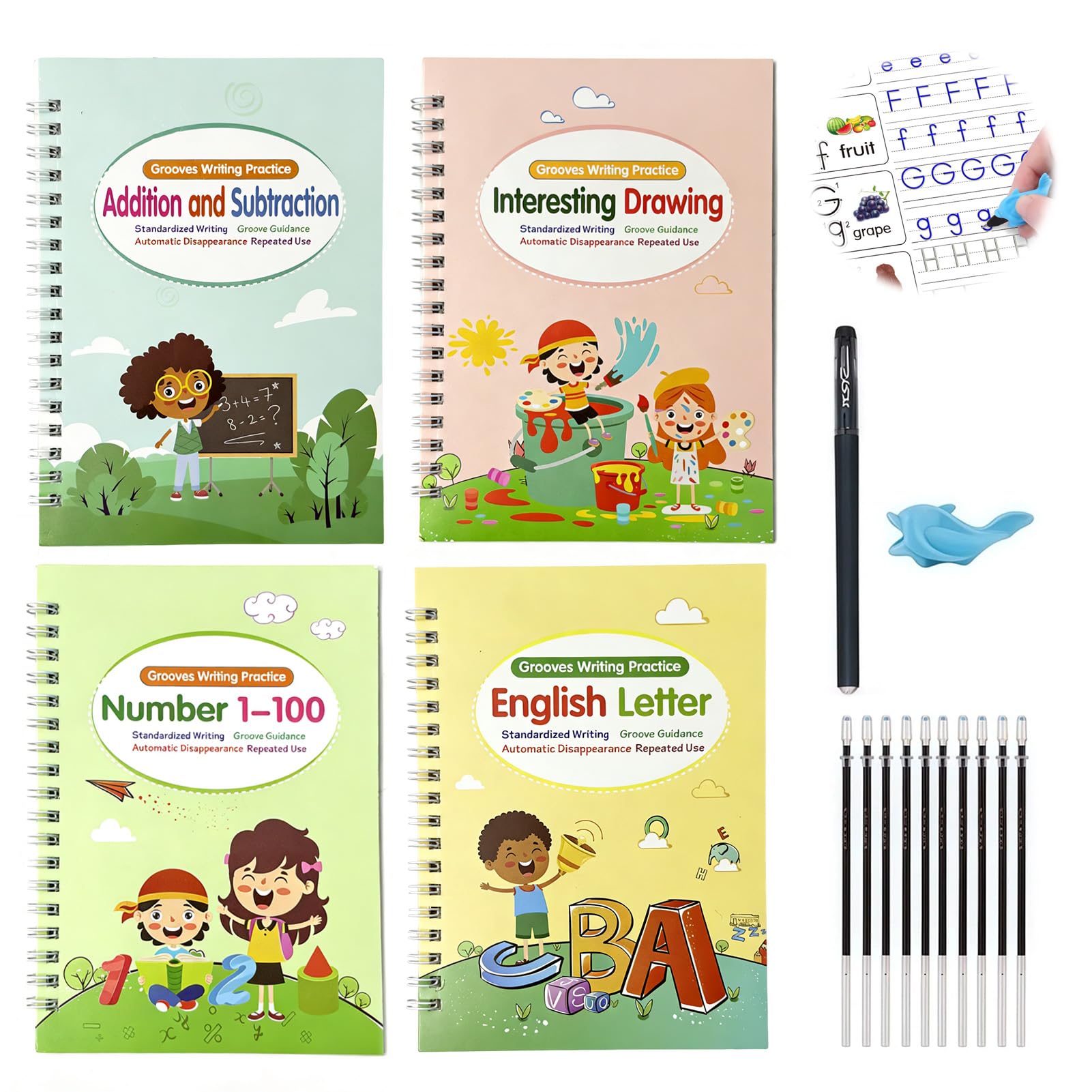 Cuaderno de ejercicios preescolar mágico, 4 unidades, cuaderno mágico con 1 bolígrafo y 10 minas de repuesto, libros de ejercicios reutilizables para alfabeto, números y matemáticas