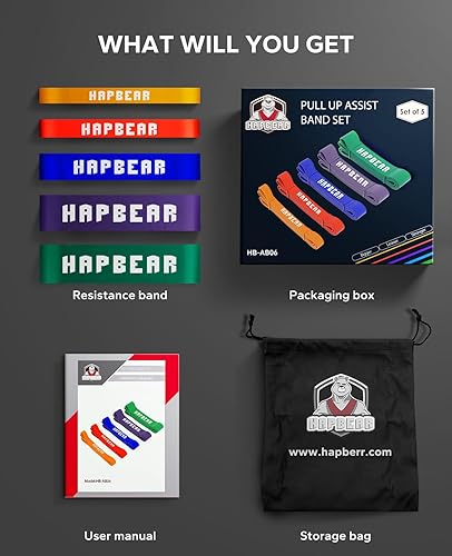 Miniatura 7 de HAPBEAR Juego de 5 bandas de asistencia para dominadas, bandas de resistencia para entrenamiento, estiramiento, terapia física, entrenamiento