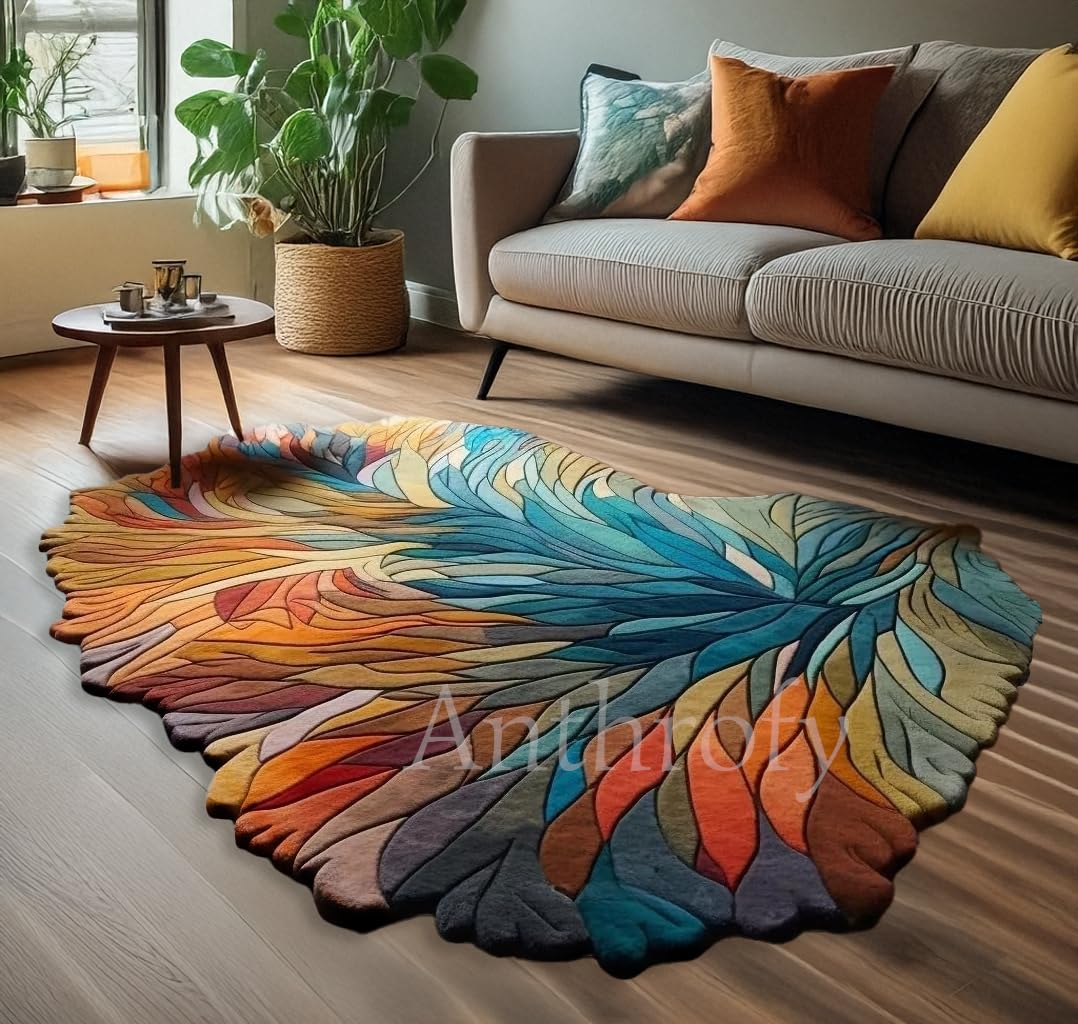 Anthrofy Irregular Shape Wool Area Rug – 3’ x 5' – Handmade - Unique Contemporary Botanical Design – Thick & Soft Rugs for Living Room, Bedroom –