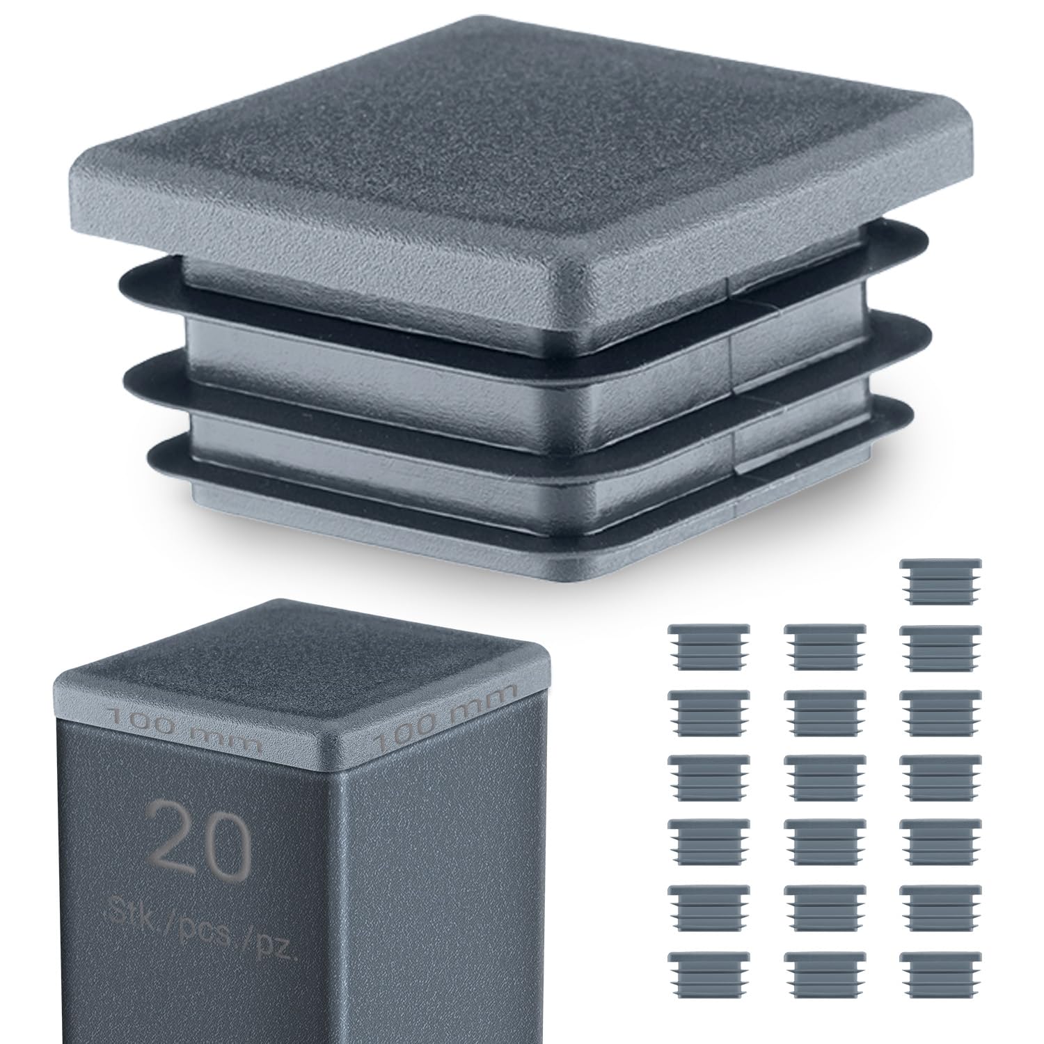 EMFA Square End Caps 100x100 mm – Plastic Tube Inserts for Steel Box Section – Anthracite Tube Plugs – 20 Pcs