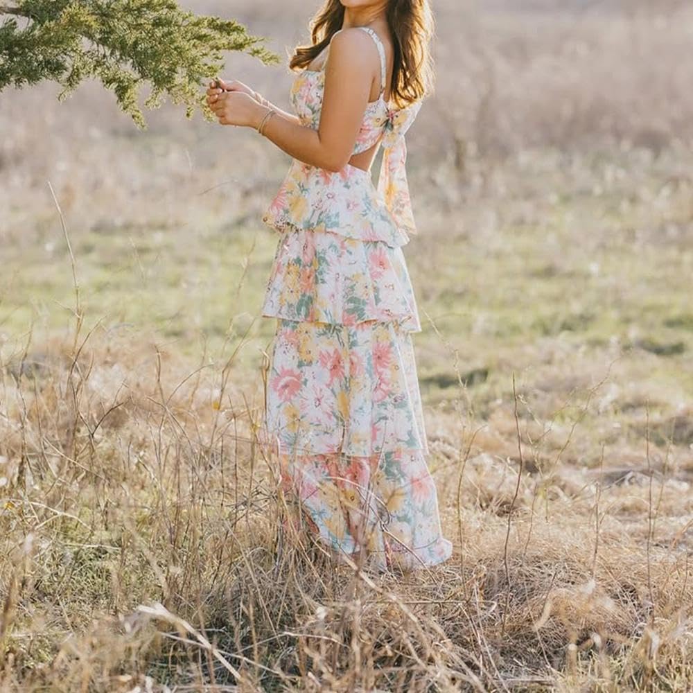 ABYOVRT Women Floral Maxi Dress Sleeveless Bow Back Tiered Boho Flowy Long Dresses Summer Fall - Image 7