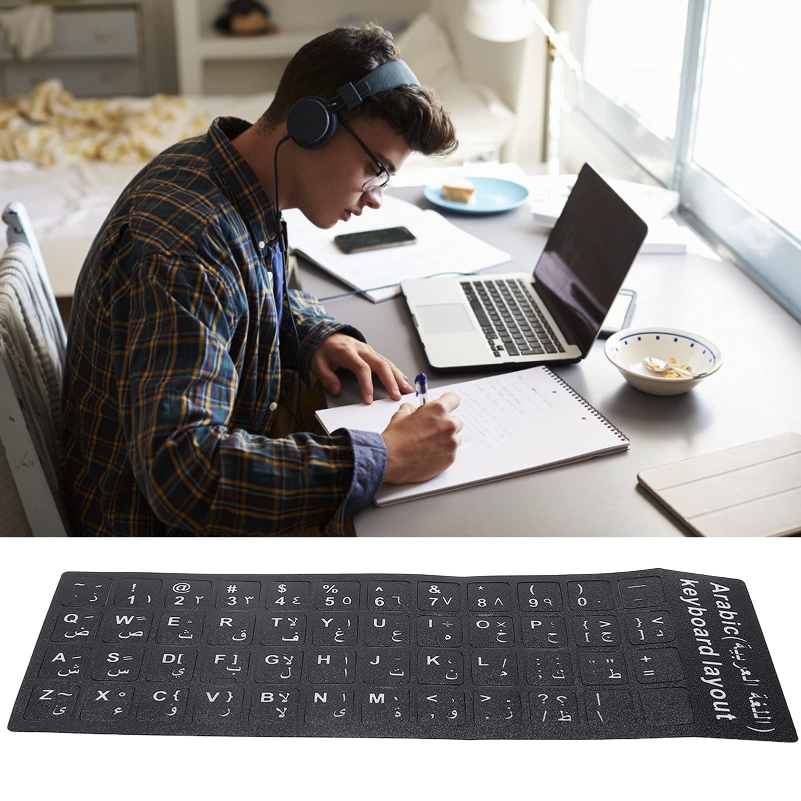 Fydun Adesivo per Tastiera Sfondo Nero Impermeabile Arabo per Notebook Desktop Pc Schede del Personale del Computer Adesivo per Tastiera Araba per Laptop