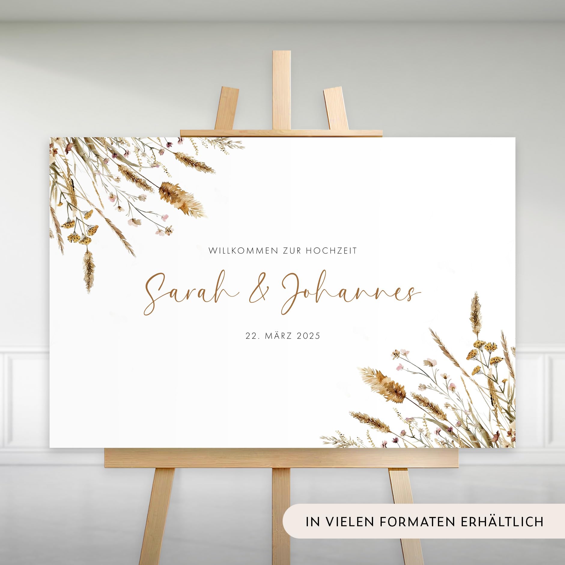 HEI Print Personalisiertes Willkommensschild Hochzeit mit Namen & Datum | Pampas Trockenblumen Boho Design | Welcome Sign Hochzeitsdeko | Schild auf Staffelei | Individuelles Brautpaar Geschenk