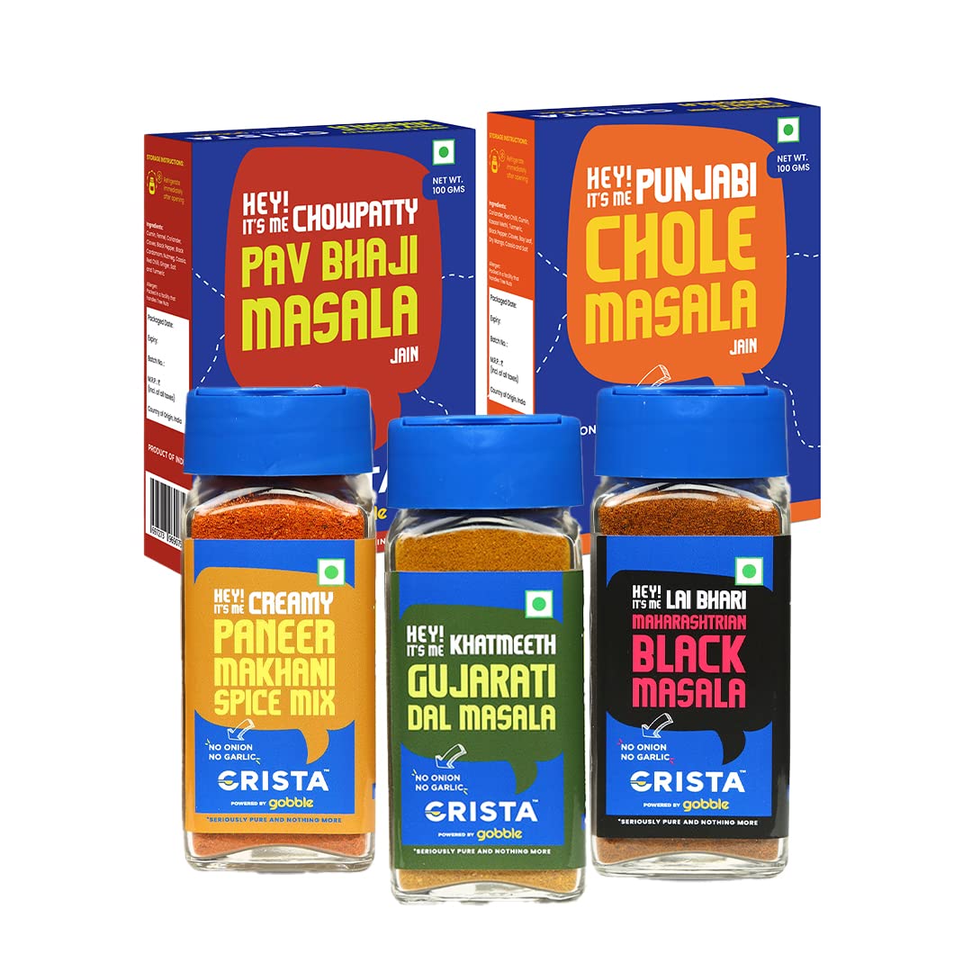CRISTA Jain Gourmet Indian Spice Blends | Jain Pav Bhaji Masala x 1, 100 gms | Jain Chole Masala x 1, 100 gms | Maharashtrian Masala x 1, 50 gms | Paneer Makhani Spice Mix x 1, 50 gms | Gujarati Dal x 1, 50 gms (B0BDRP74H8) Amazon Price History, Amazon Price Tracker