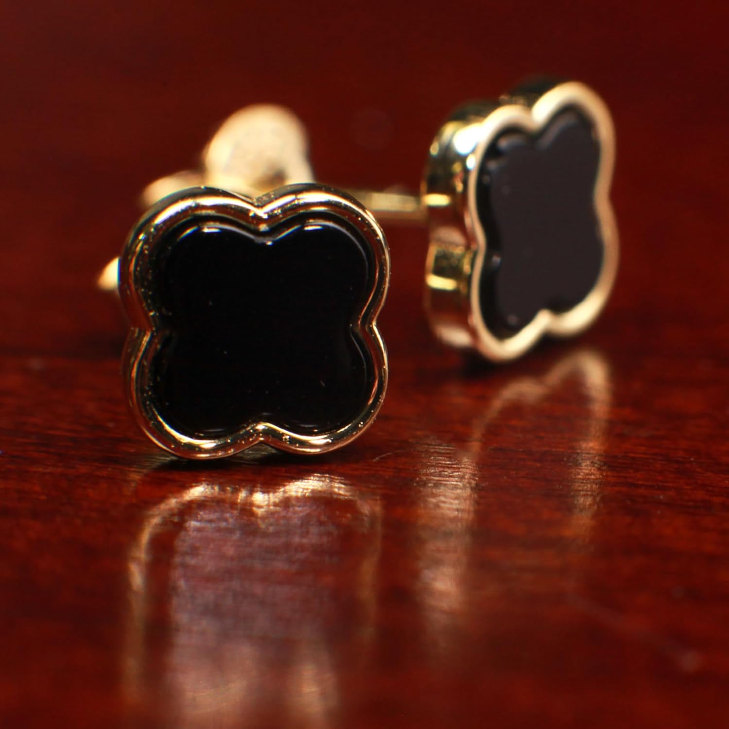 Natural Black Onyx 8mm Clover Stud Earrings in 18K Gold Vermeil over 925 Sterling Silver Earrings, 925 Stamped