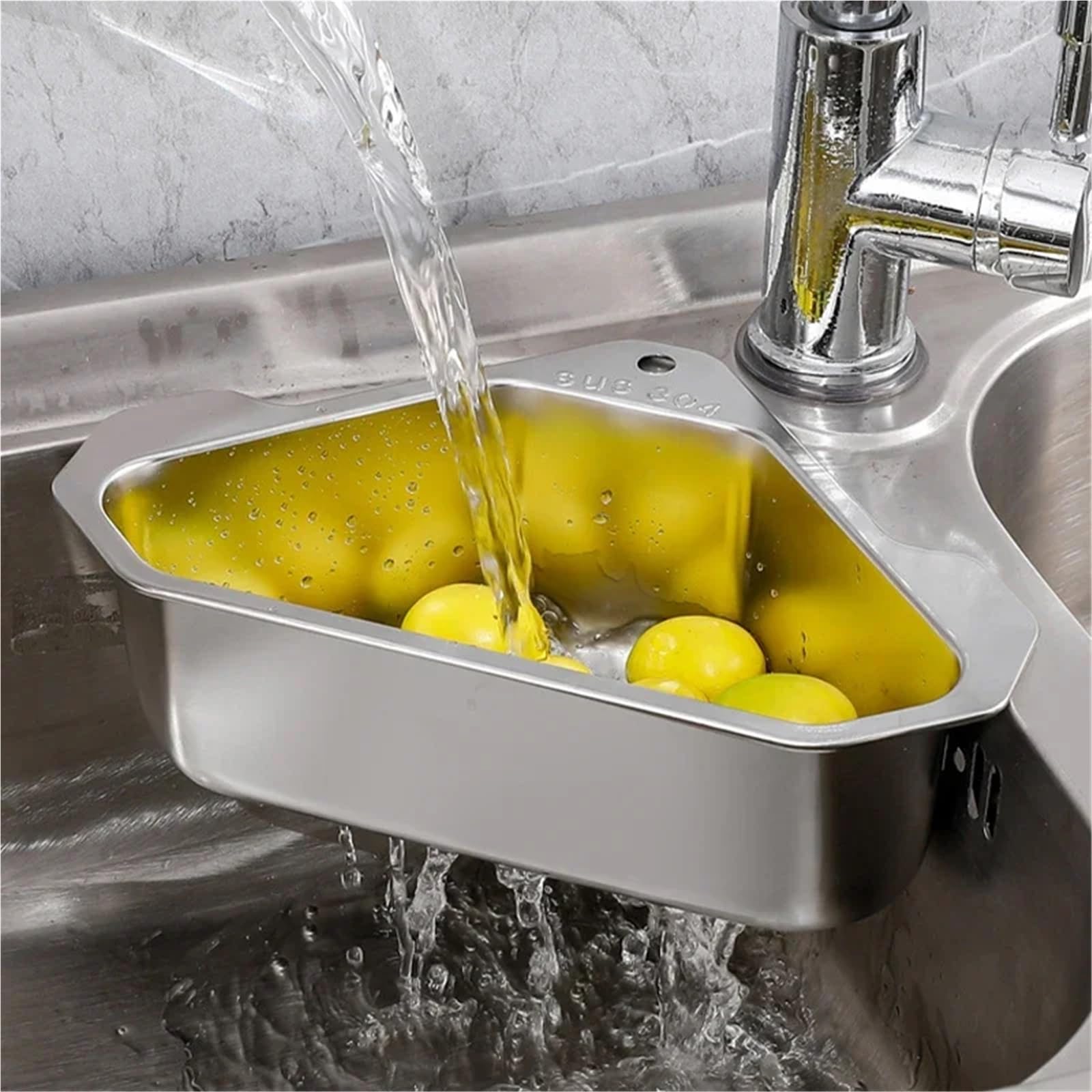 Filtro de Fregadero Cocina Acero Inoxidable, Cesta Drenaje Triangular, escurridor Frutas y Verduras, Estante Almacenamiento, Barra con Ventosa, 2 uds para Cocina,Frutas