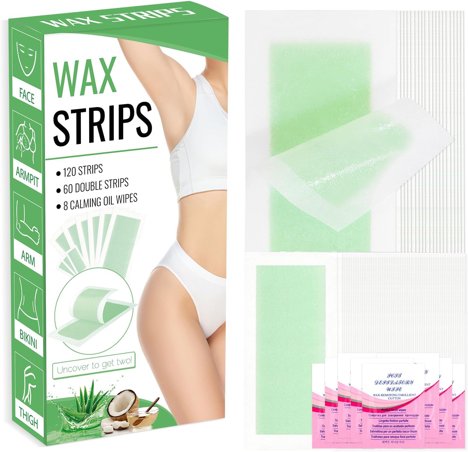 Hair Removal Wax Strips Professional Waxing Strips for Body Bikini Legs Face Underarms Back Ready to Use at Home Kit for Women & Men with 120 Strips 2 Sizes 8 Oil Wipes Suitable for Sensitive Skin