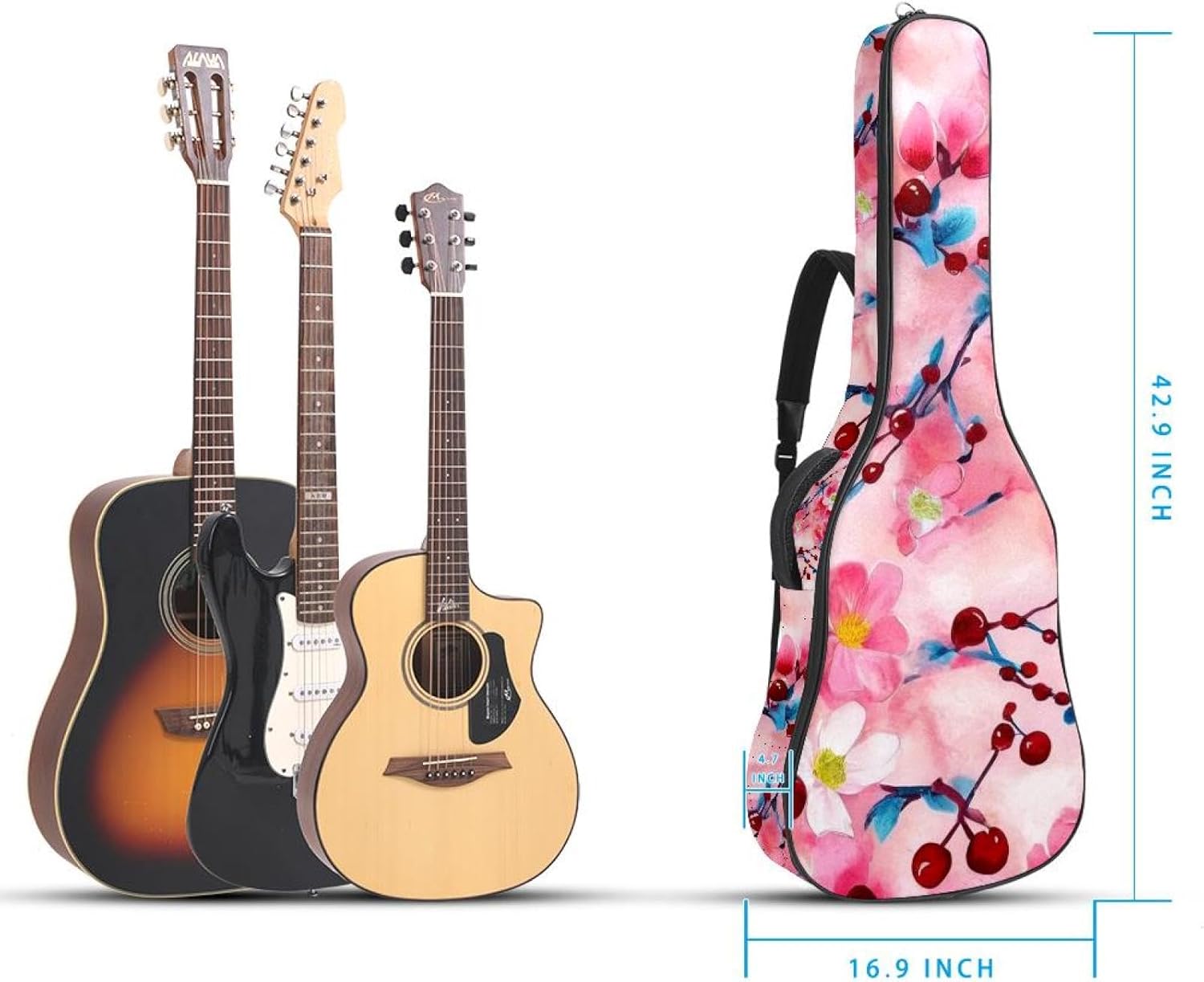 40/41/42-inch Aesthetic Cherry Blossoms Acoustic Guitar Bag With Adjustable Shoulder Strap And 2 Storage Bags. Guitar Bag With Back Hanging Loop, Electric, and Classical Guitars