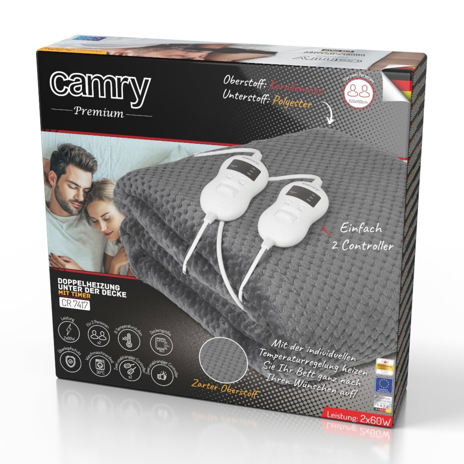 Camry CR-7417 - Calienta Camas Eléctrico Doble, 120W, 8 Niveles de Temperatura, Temporizador, Lavable, 150 x 160 cm, Protección por Sobrecalentamiento