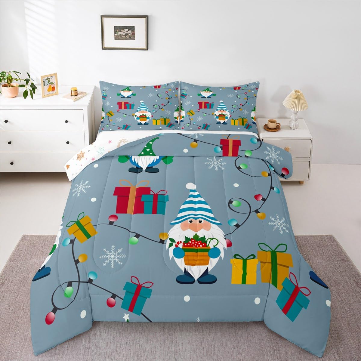 Merry Christmas Bedding Set for Kids, Gnome Santa Claus Comforter Set Full Size, Xmas Colorful Lights Duvet Insert for Girls Boys Children Bedroom