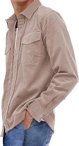 Vista 2 de JMIERR Camisas de pana con botones para hombre, chaqueta casual de manga larga con bolsillos de solapa