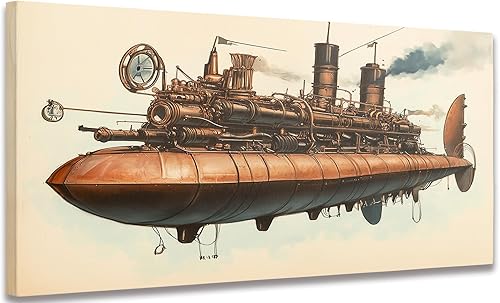 Framed Vintage Mechanical Airship Wall Art Retro Industrial Metal Canvas Print Steampunk Style Fantasy Machine Illustration Artwork for Living Room