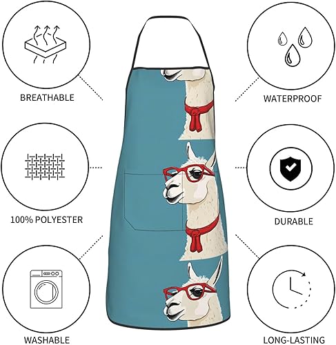 Miniatura 5 de Unisex Apron With Pocket, Llama In A Scarf Chef Apron For Cooking, Bbq & Crafts, Spillproof Kitchen Protection Bib With Large Utility Pocket For