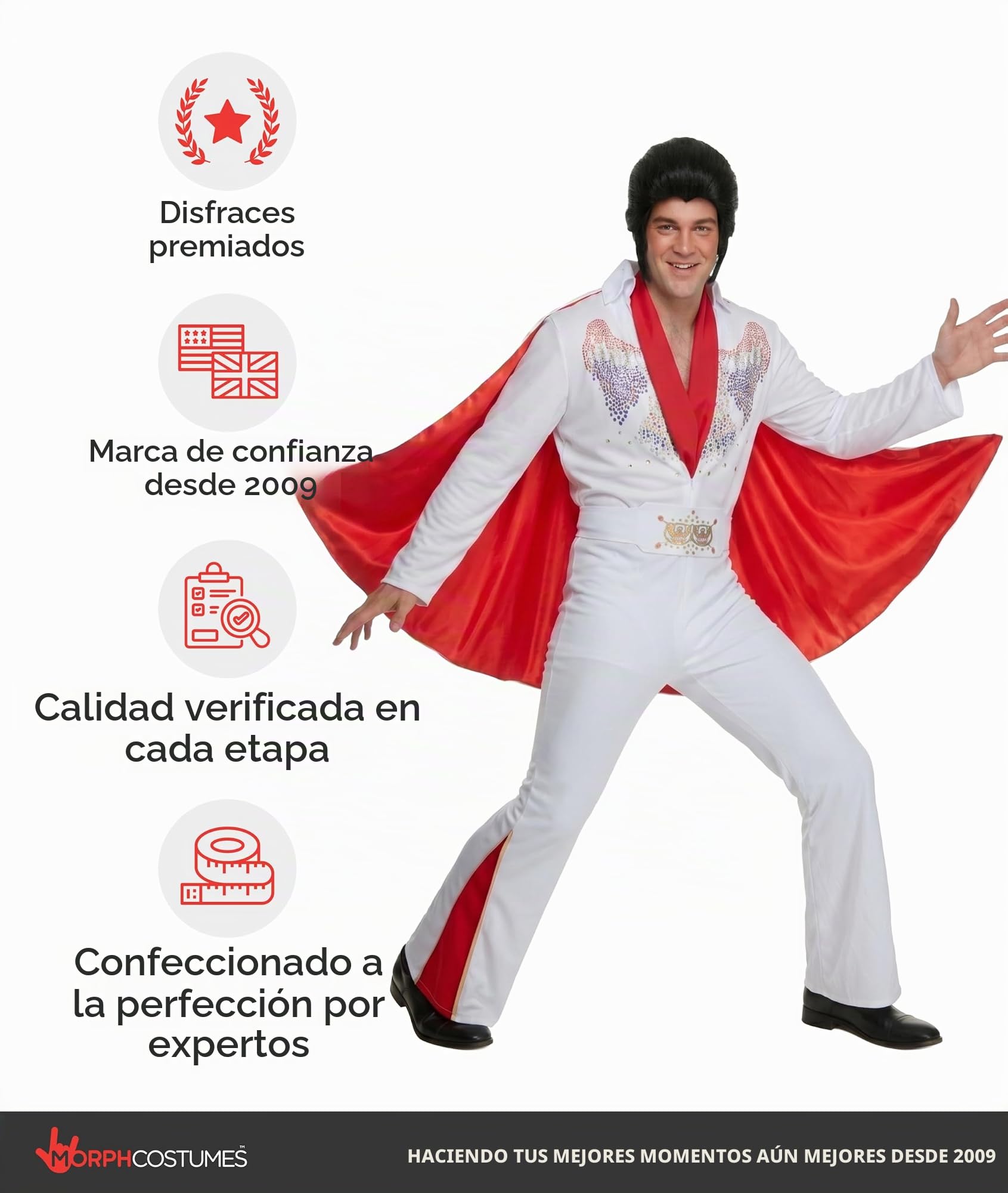 Morph Disfraz Elvis Rey Del Rock y Roll Hombre, Años 70, Cantante, Disco, Despedida, Carnaval y Halloween