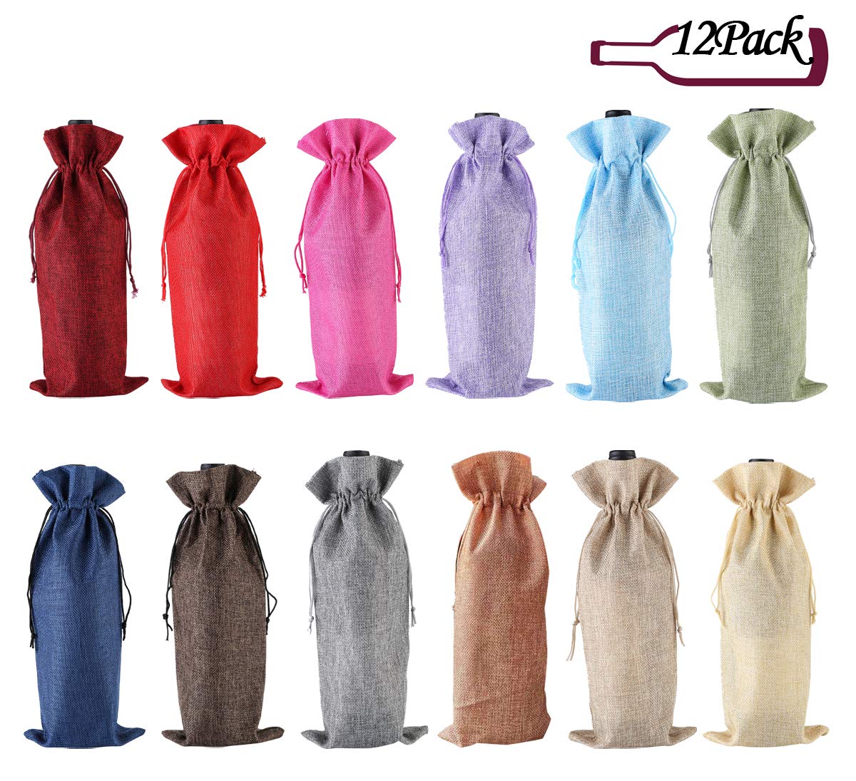 12Pcs Burlap Wine Gift Bags, KTOMO Drawstring Wine Bottle Covers for Wedding, Travel, Birthday Christmas Wine Tasting Party Supplies Gift Bags Sacks (12 Colors)