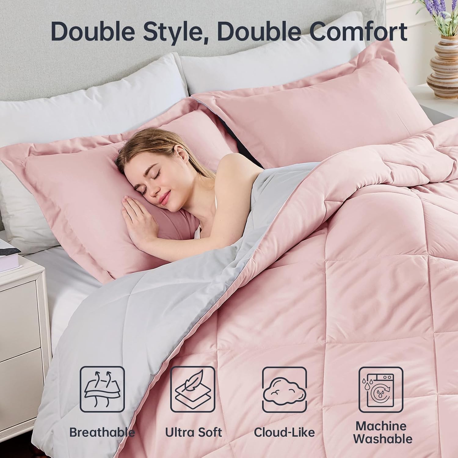 JOLLYVOGUE Full Comforter Sets, Ultra Soft Reversible Bedding for All Seasons, 3 Pieces Down Alternative Bed Set Includes 1 Lightweight Comforter and 2 Pillow Shams, Rose Gold/Light Grey