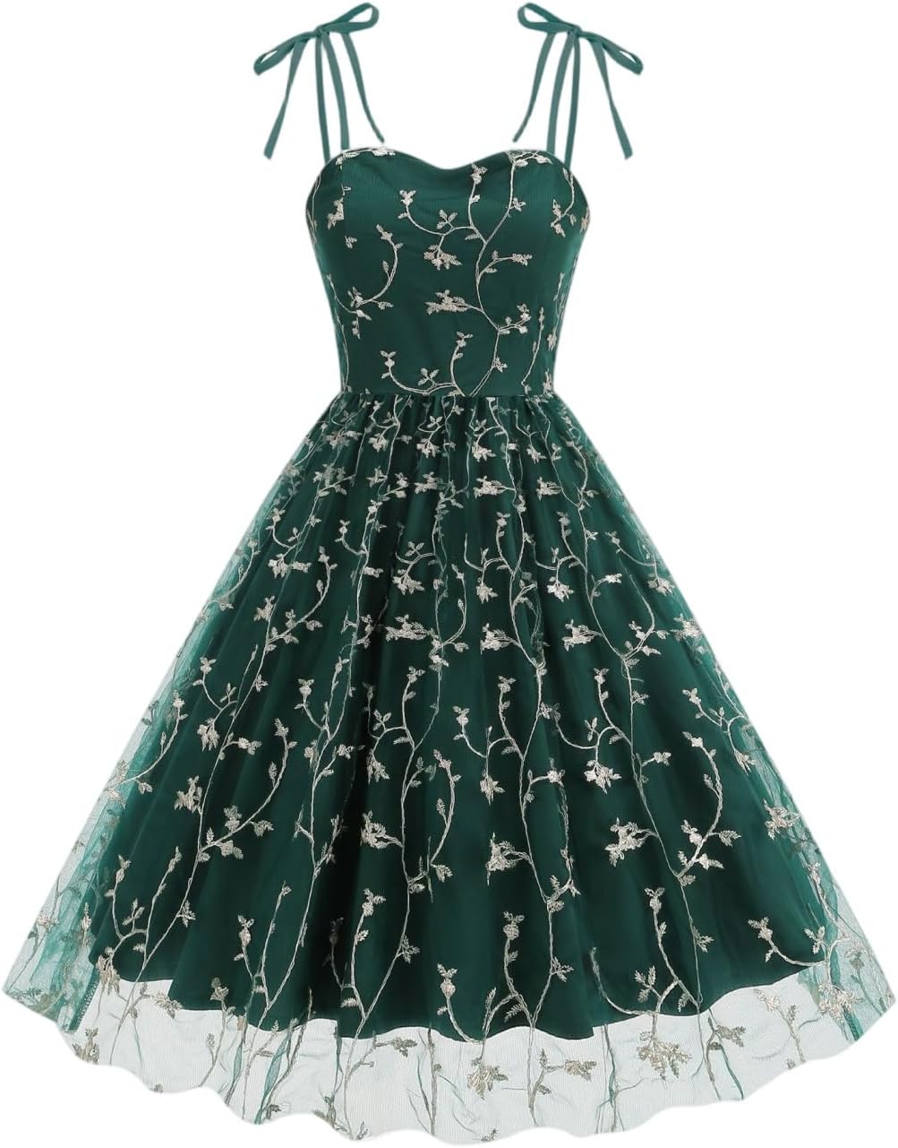 Women Floral Embroidery Dress Sheer Mesh Vintage Cocktail Swing Outfits Wedding Party Prom Tulle Evening Dress