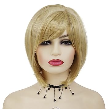 GNIMEGIL Straight Bob Short Blonde Wigs with Bangs Natural Wigs for Women Synthetic Hair Replacement Wigs