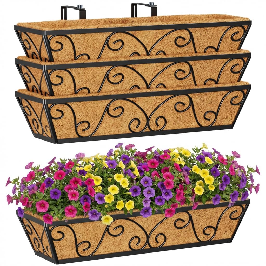 Hfhome Butterfly-4P Set Of 4 60.9Cm/24In Wall Trough Rail Planters, Metal Butterfly Planter Box With Coco Liner, Long Flowerpot For Railing Window Box Porch Balcony & Outdoor Fences