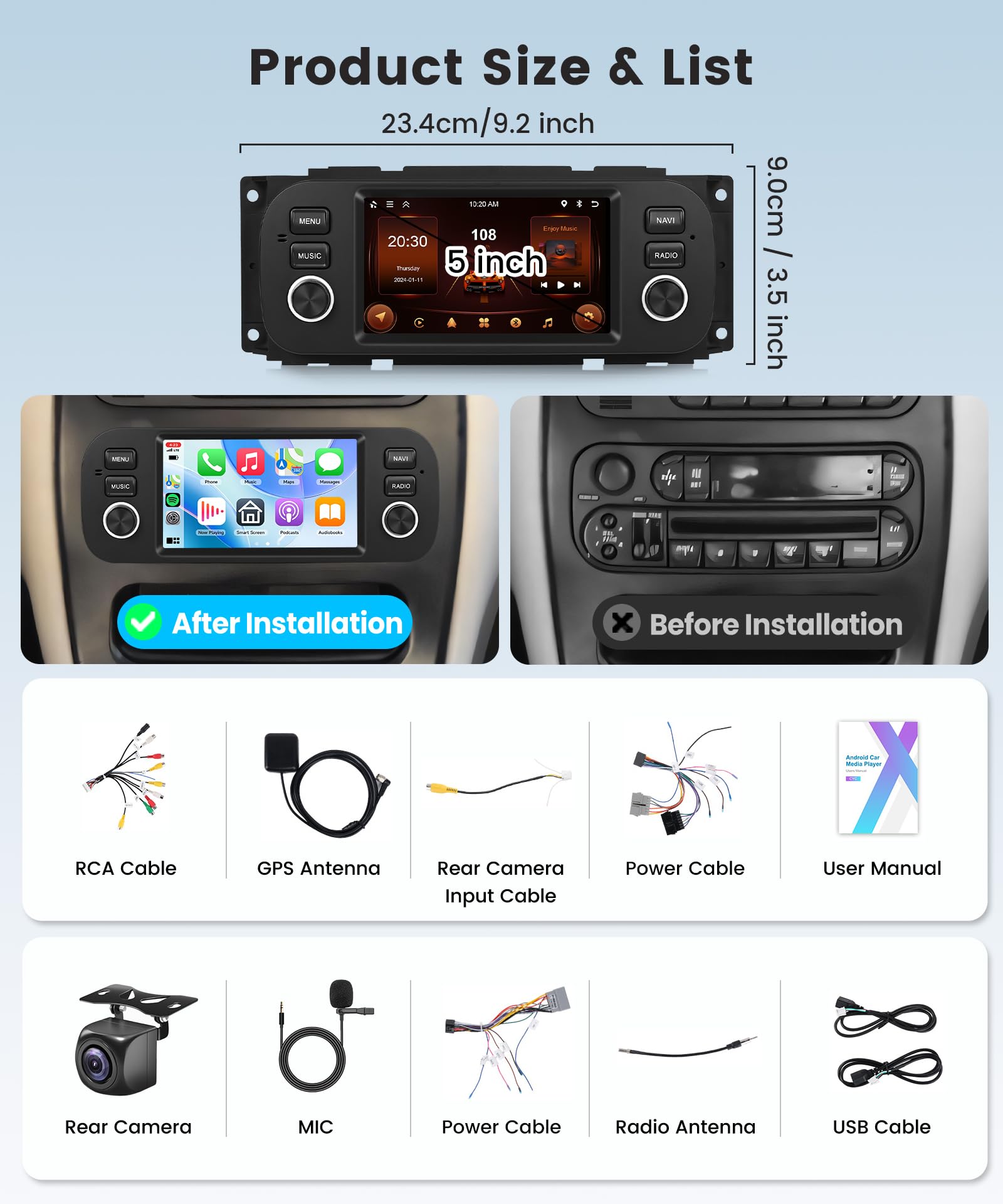 64G Wireless Carplay Android Radio de Coche para Jeep Grand Cherokee Wrangler Liberty Chrysler Grand Voyager 300M PT Cruiser RAM 1500 2500 5 Pulgadas Radio Android Auto Navi GPS WiFi Bluetooth FM/RDS