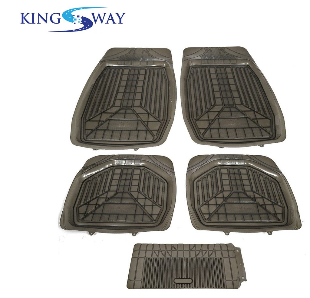 KINGSWAY 3G PVC Rubber Car Foot Mats Compatible with Nissan Sunny (Year 2011-2014), Universal Size Floor Mat, Complete Set of 5 Pcs, Waterproof and Washable, Smoke Color