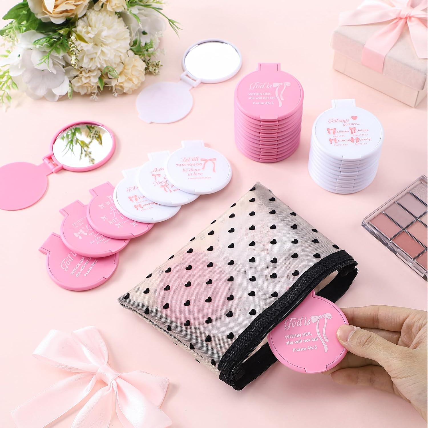 Namalu 36 Pcs Pink Bow Coquette Mini Bible Verse Compact Mirrors Inspirational Christian Wedding Gifts Bulk Women Travel Round Pocket Makeup Mirror Religious Gift for Purse Church Party Favors