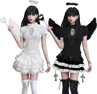 Deluxe 5-Piece Full Set Devil Angel Halloween Cosplay Twin Outfit Adult Cute Black and White Wings Dress Matching Costume Event Party Culture Festival Wedding