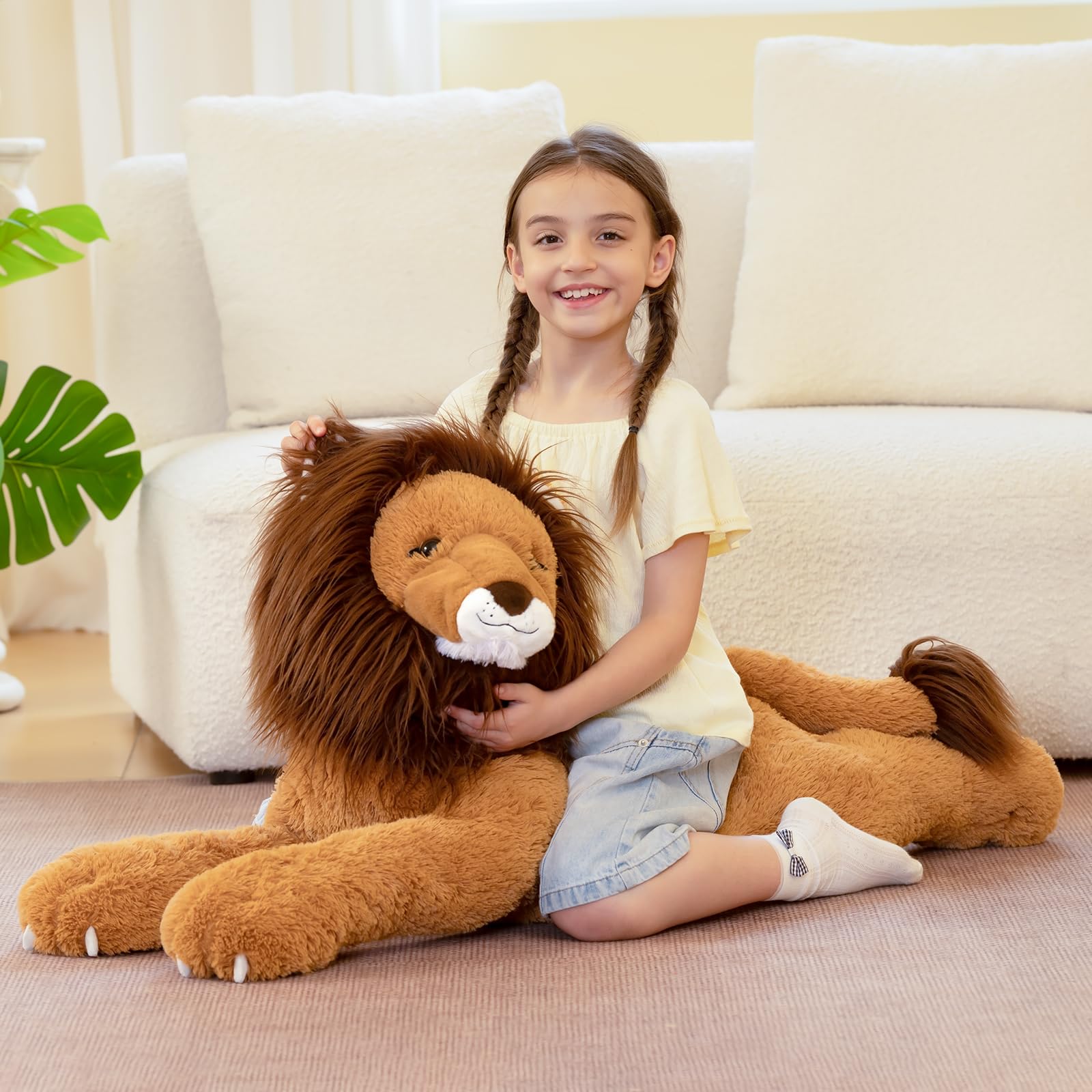 KERTA 43.3inch Giant Lion Stuffed Animals, Realistic Large Stuffed Lion Plush Toy for Boys Girls, Hugging Soft Lion Plushi Body Pillow Birthday Decor for Adult 2
