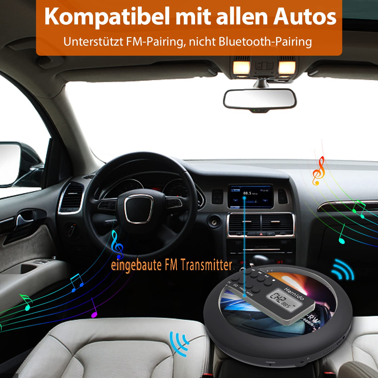 Tragbarer CD-Player für Auto, kompakter CD Player mit FM-Transmitter, USB wiederaufladbarer Discman mit Kopfhörer, stoßfest/fortsetzende Wiedergabe Walkman