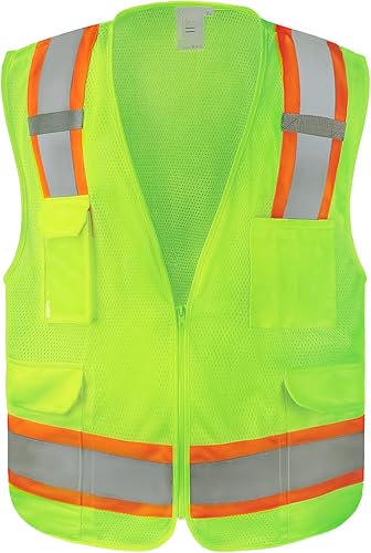 Chaleco reflectante de alta visibilidad, chaleco de trabajo para hombres y mujeres, chaleco de construcción con 9 bolsillos y cremallera