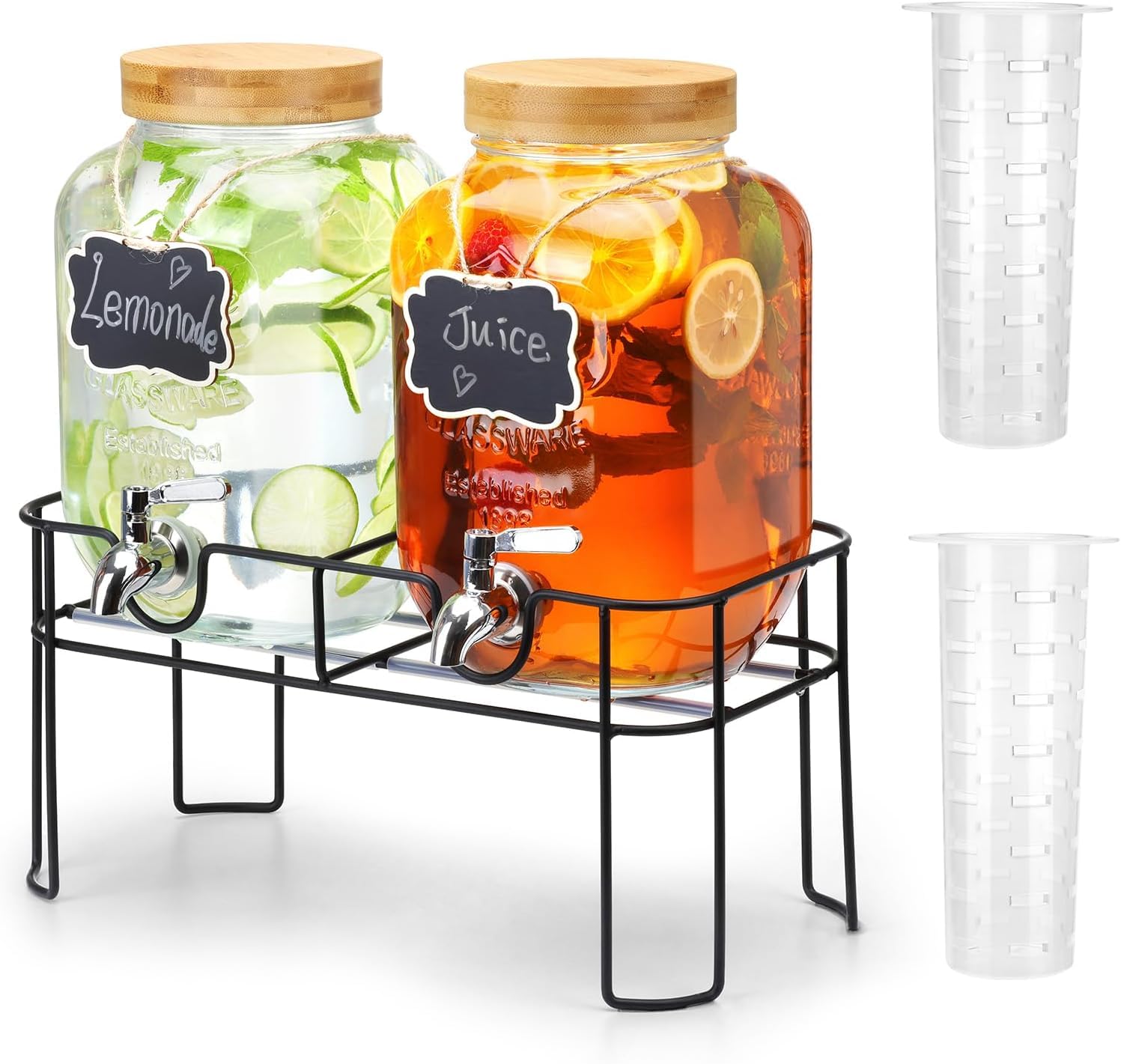 2 dispensadores de bebidas de 4 litros con soporte, dispensador de bebidas de cristal con grifo de acero inoxidable sólido para té helado, agua, bebidas caseras, fiestas, bodas