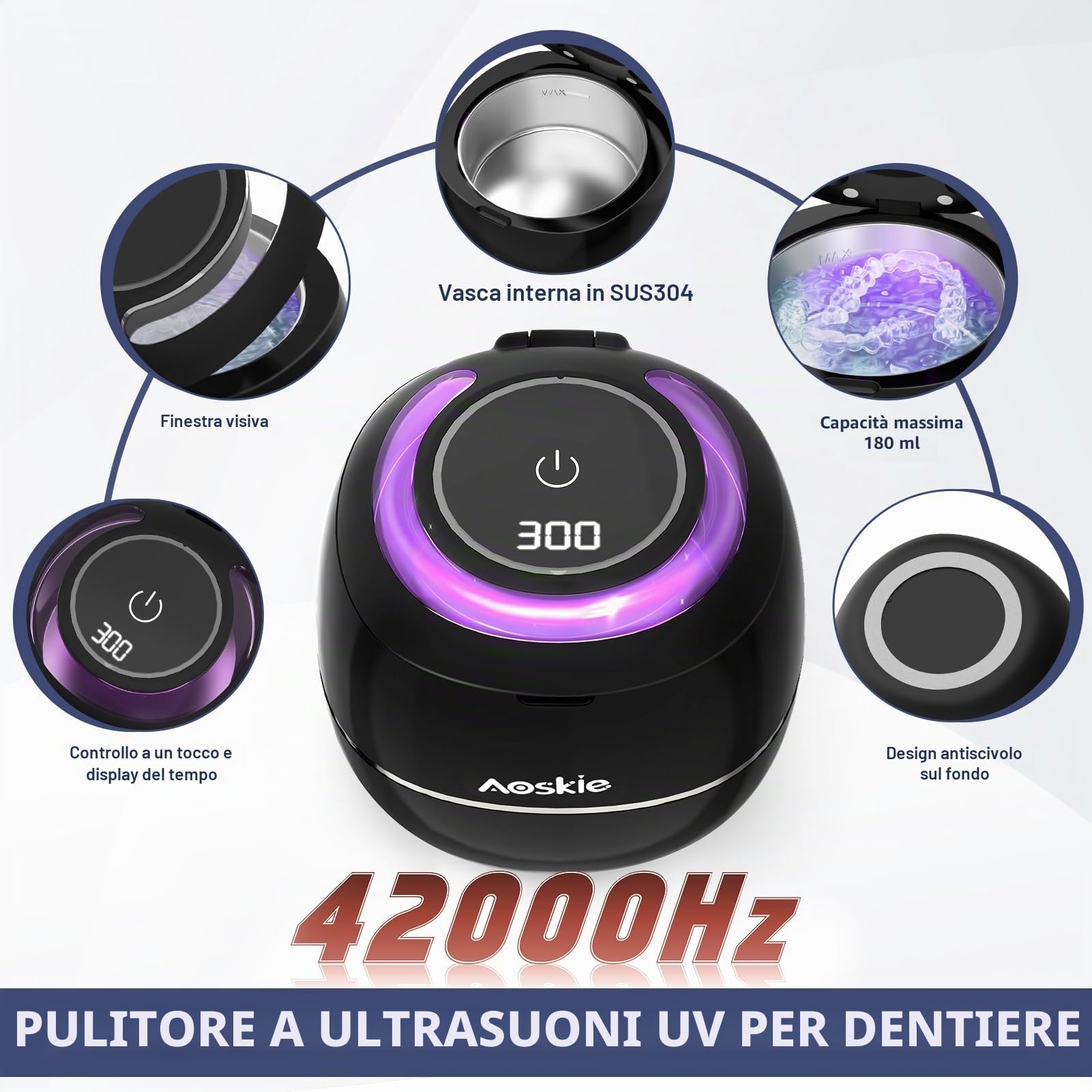 Aoskie Pulitore a Ultrasuoni 42kHz 30W con Lampada UV, 180ML – Pulizia Profonda per Protesi Dentarie, Allineatori, Paradenti, Gioielli e Testine per Spazzolino – Ideale per Casa e Viaggio