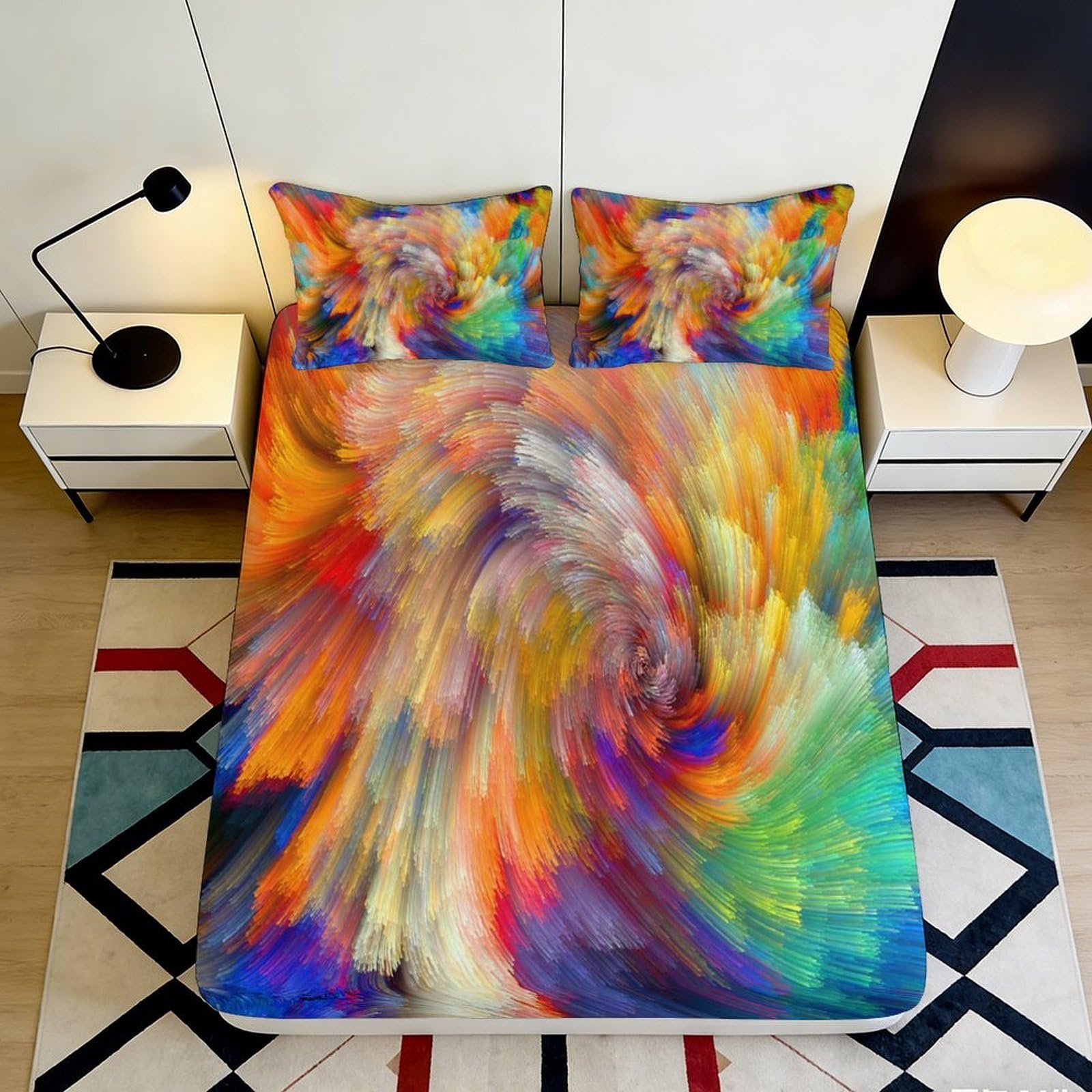 3D Printed Abstract Color Splash Fitted Sheet Microfiber Soft Breathable Swirl Pattern Mattress Cover for Bedroom Guest Room 90x200x25cm